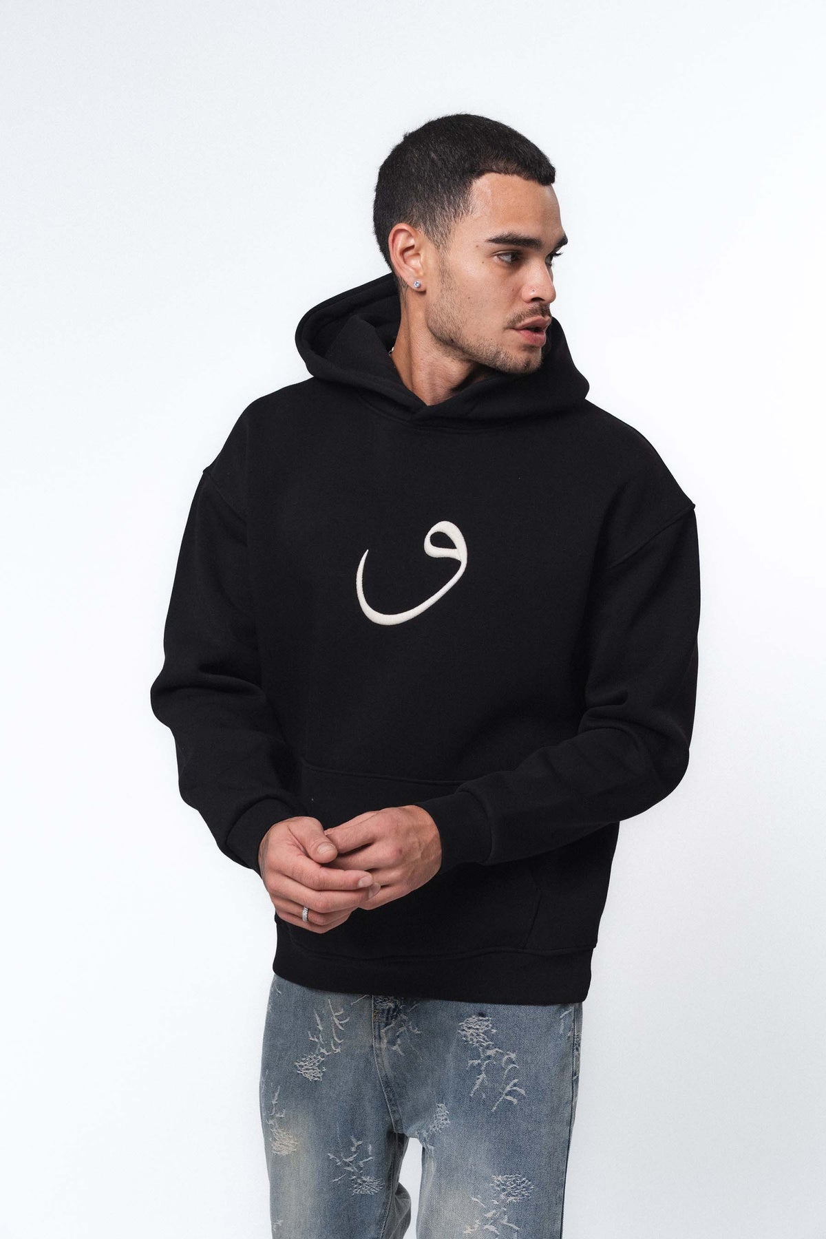 Etnik Tasarım V Harfi Siyah Oversize Hoodie