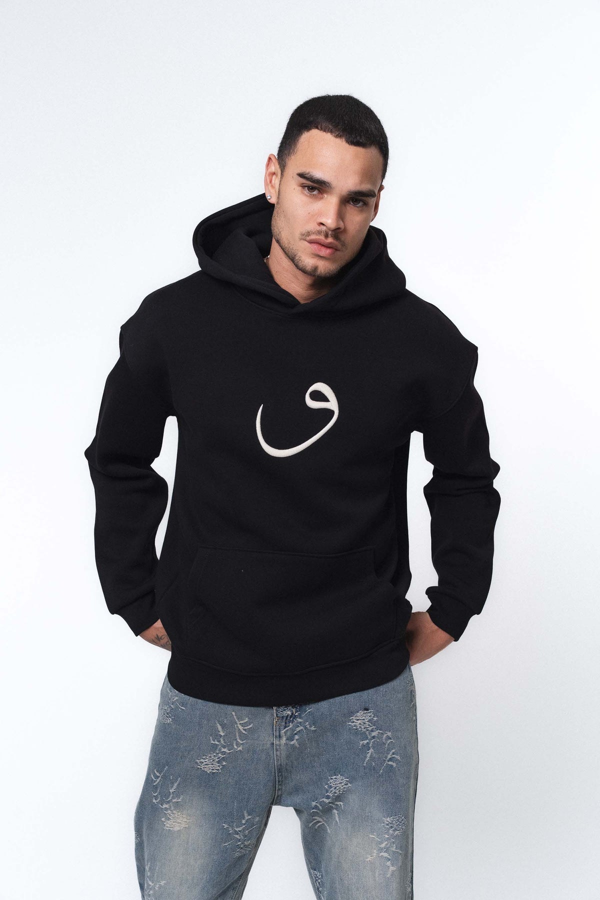 Etnik Tasarım V Harfi Siyah Oversize Hoodie