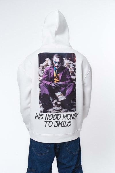 Need Money To Smile - Joker Beyaz Oversize Hoodie