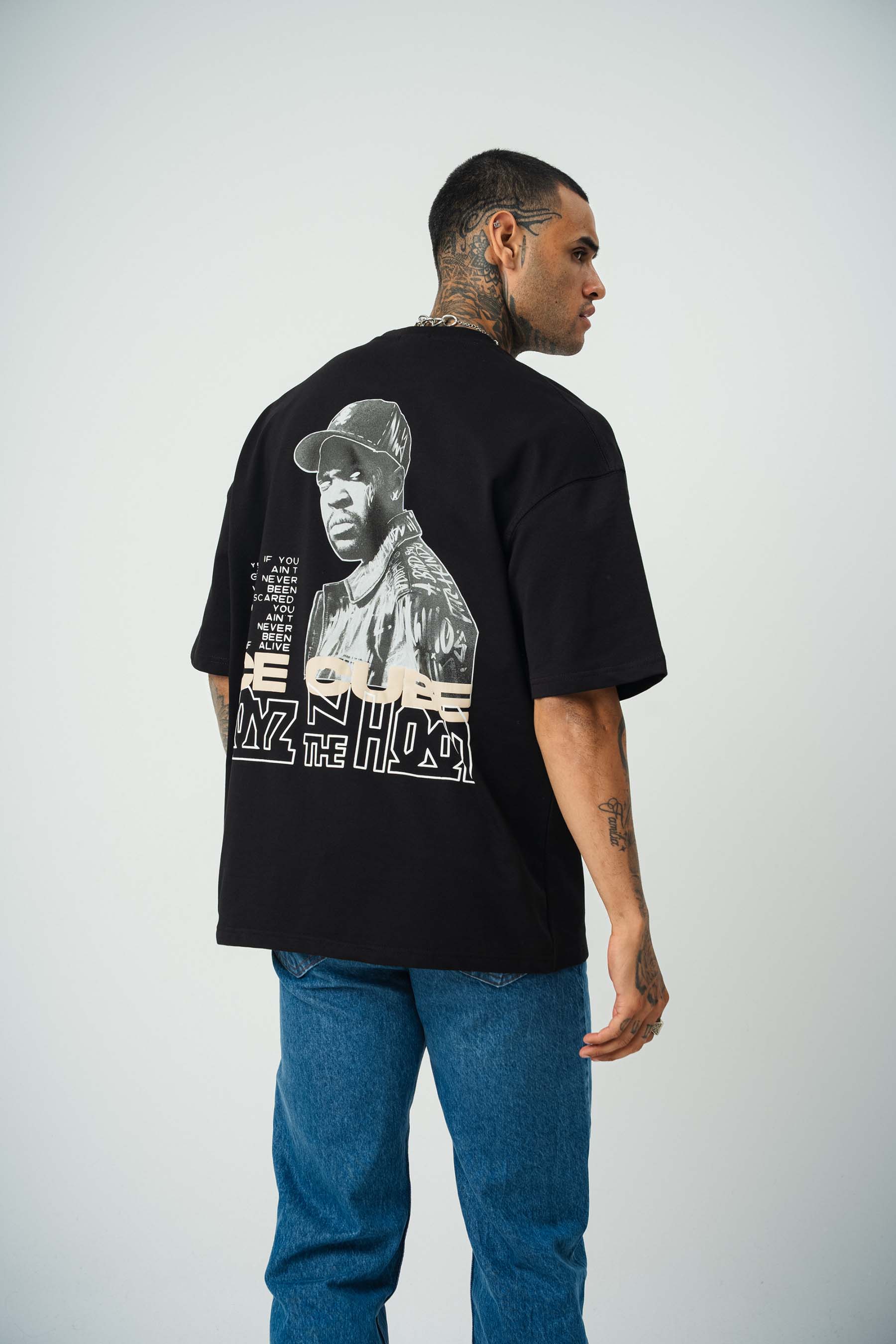 Ice Cube Baskılı Siyah Oversize T-Shirt