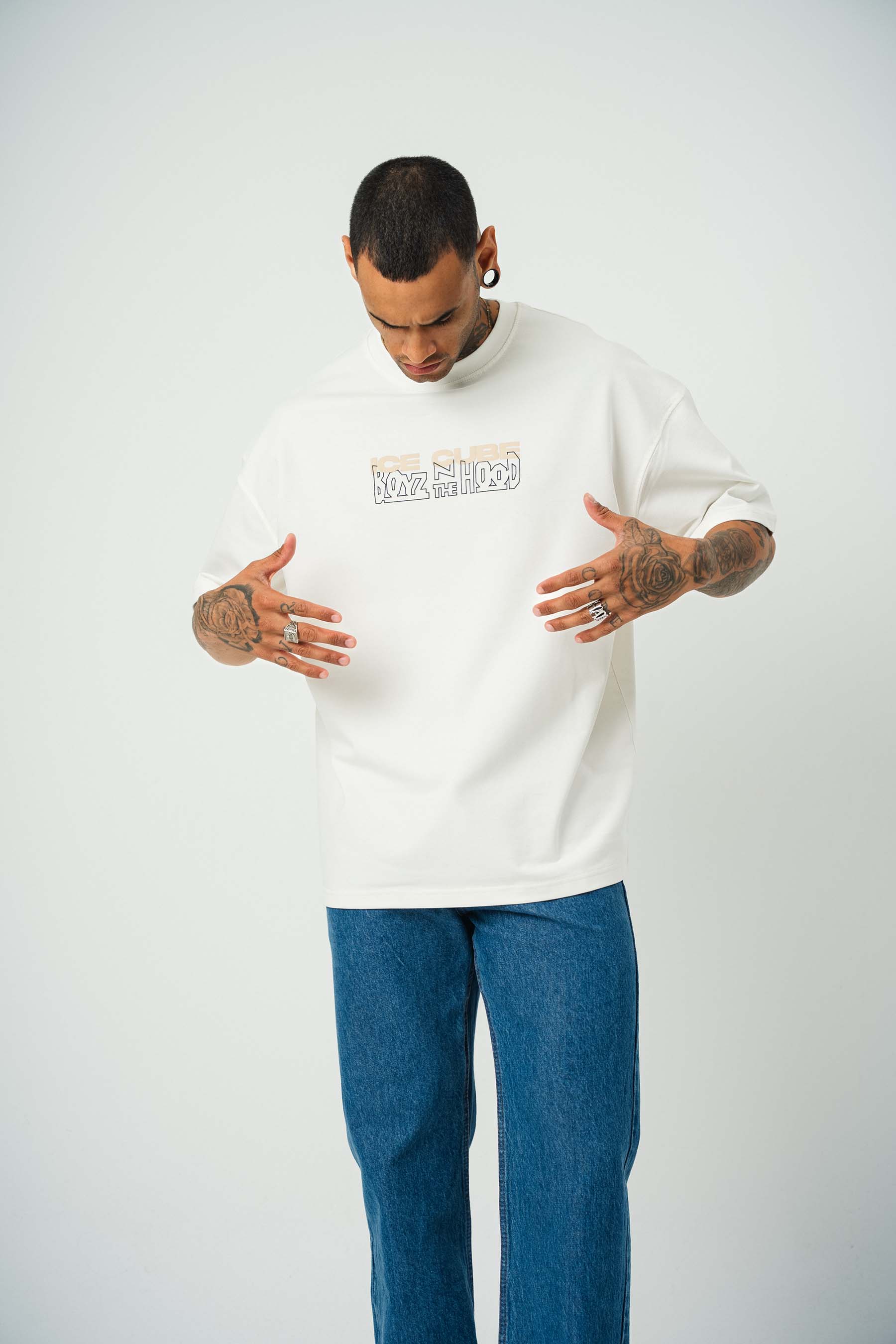 Ice Cube Baskılı Beyaz Oversize T-Shirt