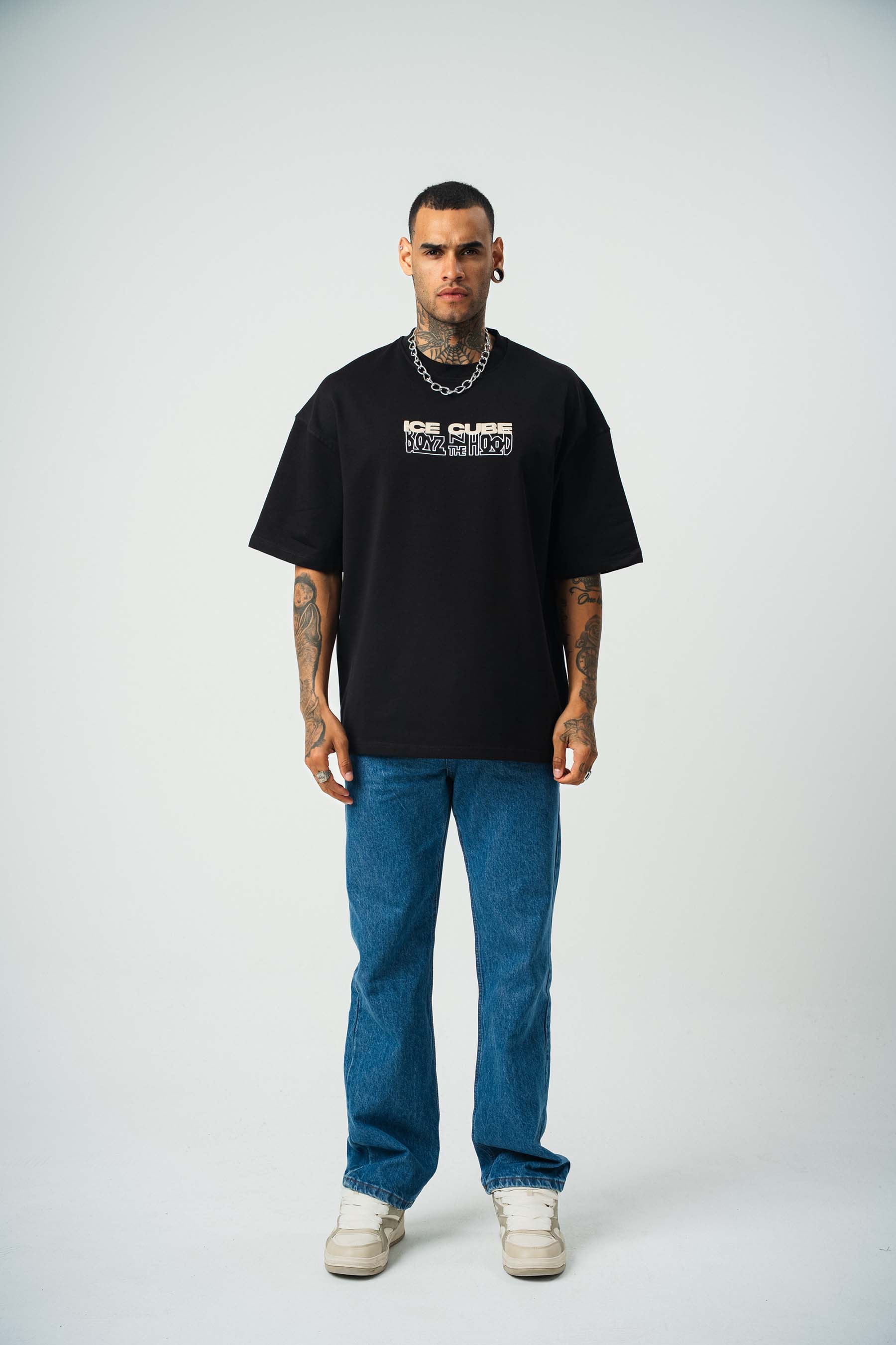 Ice Cube Baskılı Siyah Oversize T-Shirt