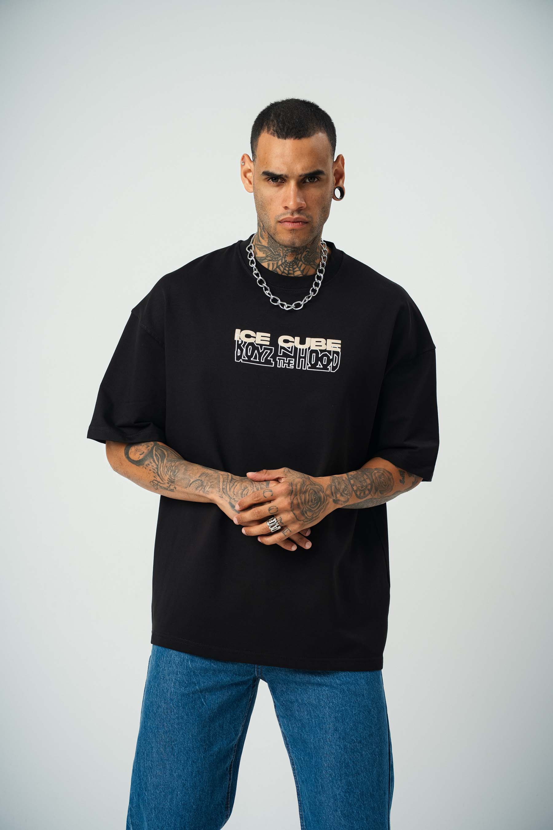 Ice Cube Baskılı Siyah Oversize T-Shirt