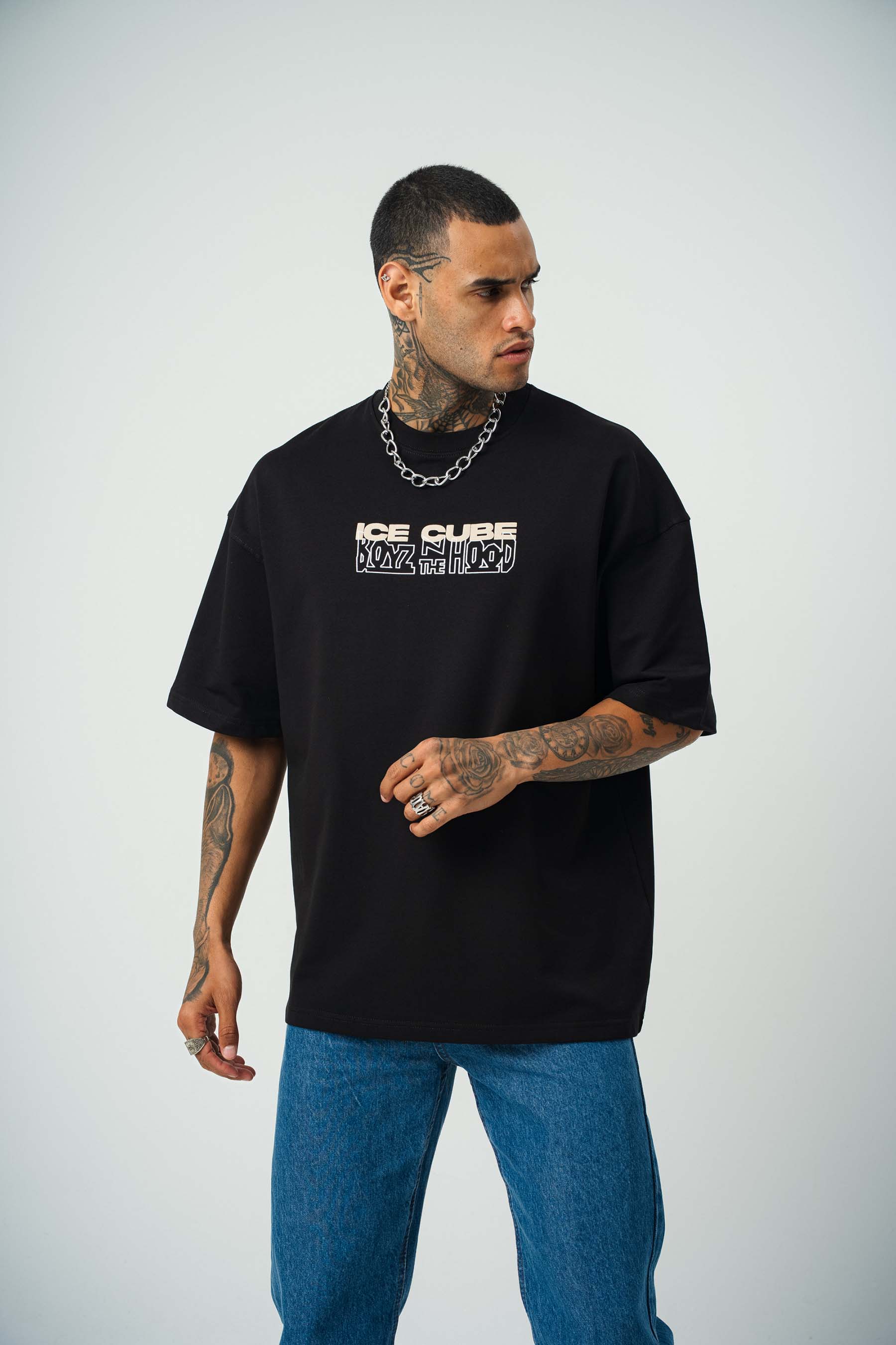 Ice Cube Baskılı Siyah Oversize T-Shirt