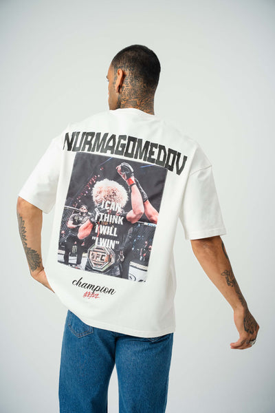 Khabib Nurmagomedov Baskılı Beyaz Oversize T-Shirt
