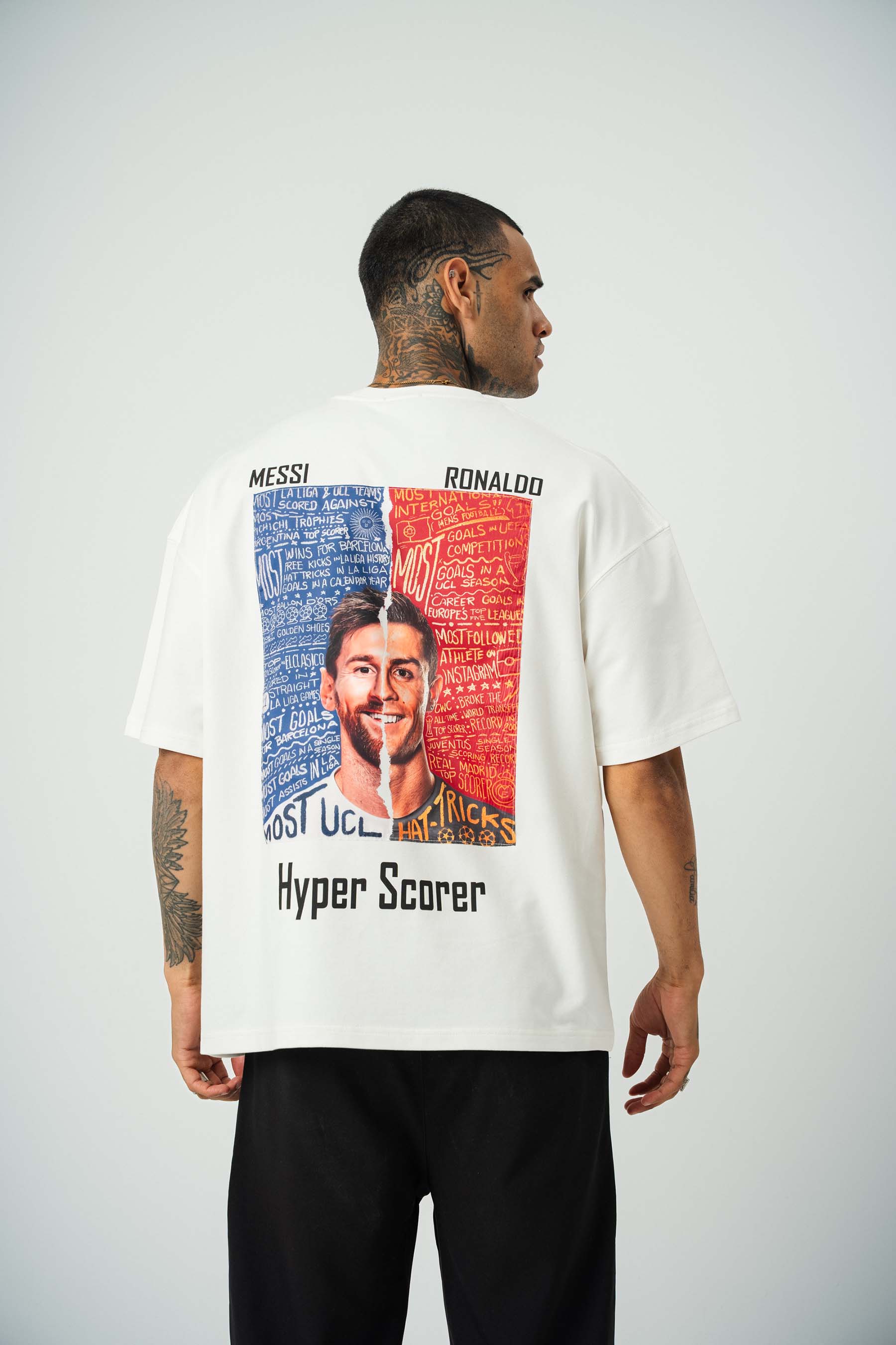Messi Ronaldo Baskılı Beyaz Oversize T-Shirt