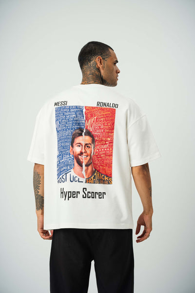 Messi Ronaldo Baskılı Beyaz Oversize T-Shirt