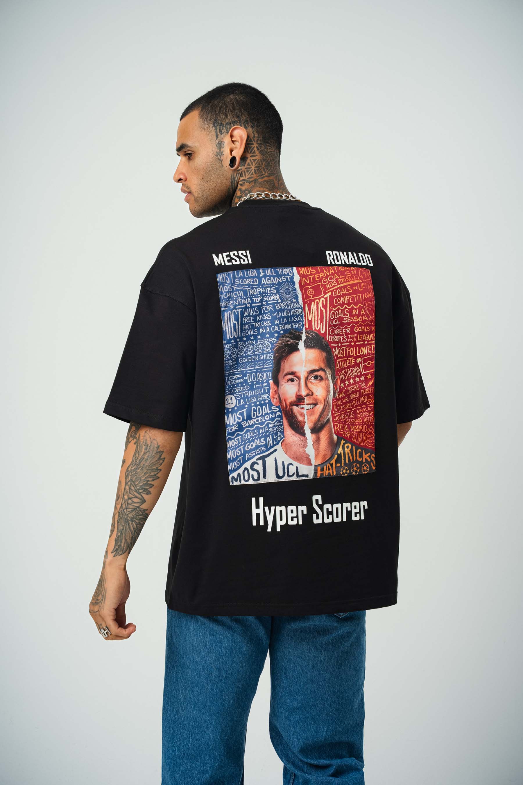 Messi Ronaldo Baskılı Siyah Oversize T-Shirt
