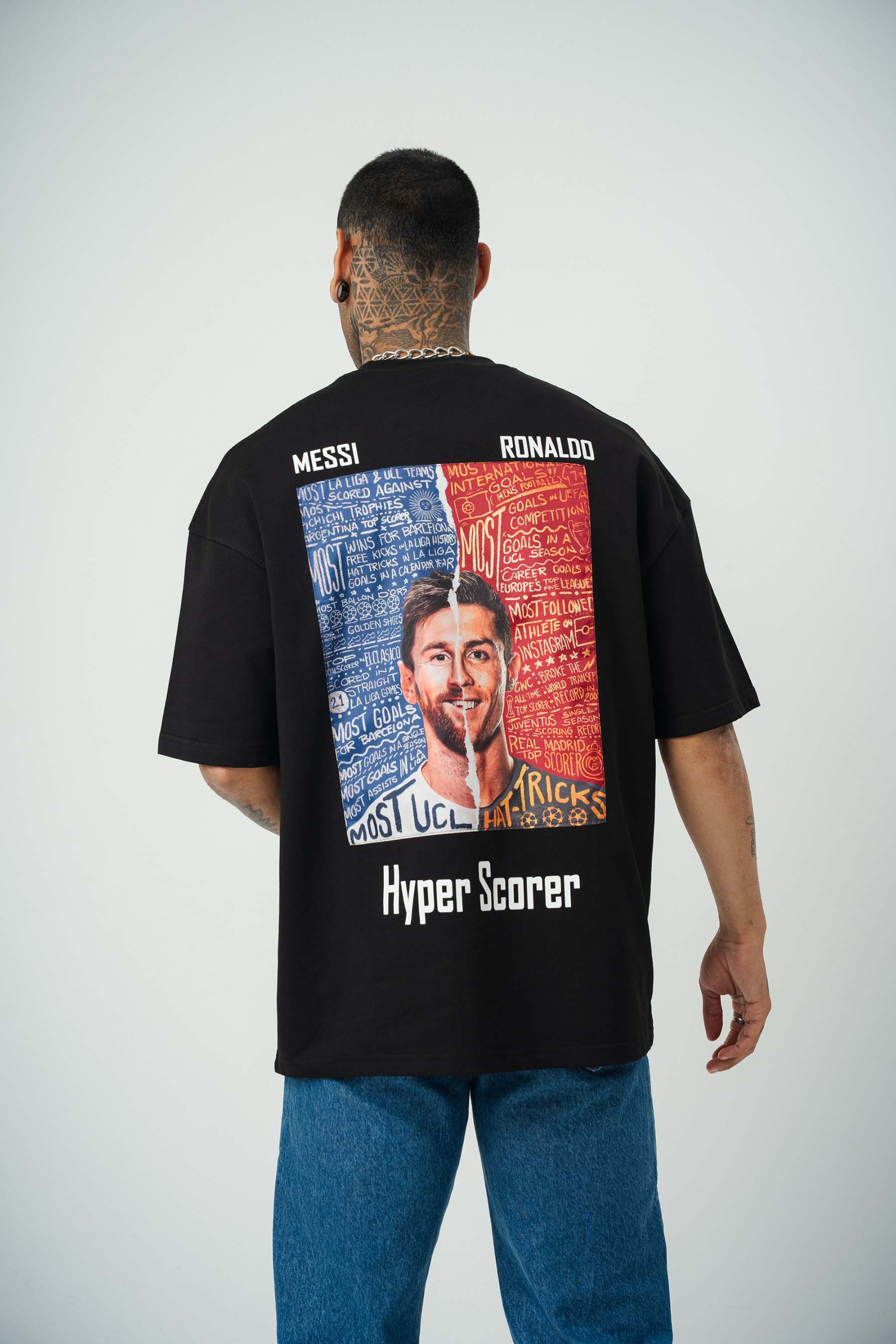 Messi Ronaldo Baskılı Siyah Oversize T-Shirt
