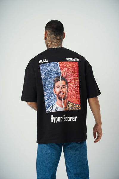 Messi Ronaldo Baskılı Siyah Oversize T-Shirt