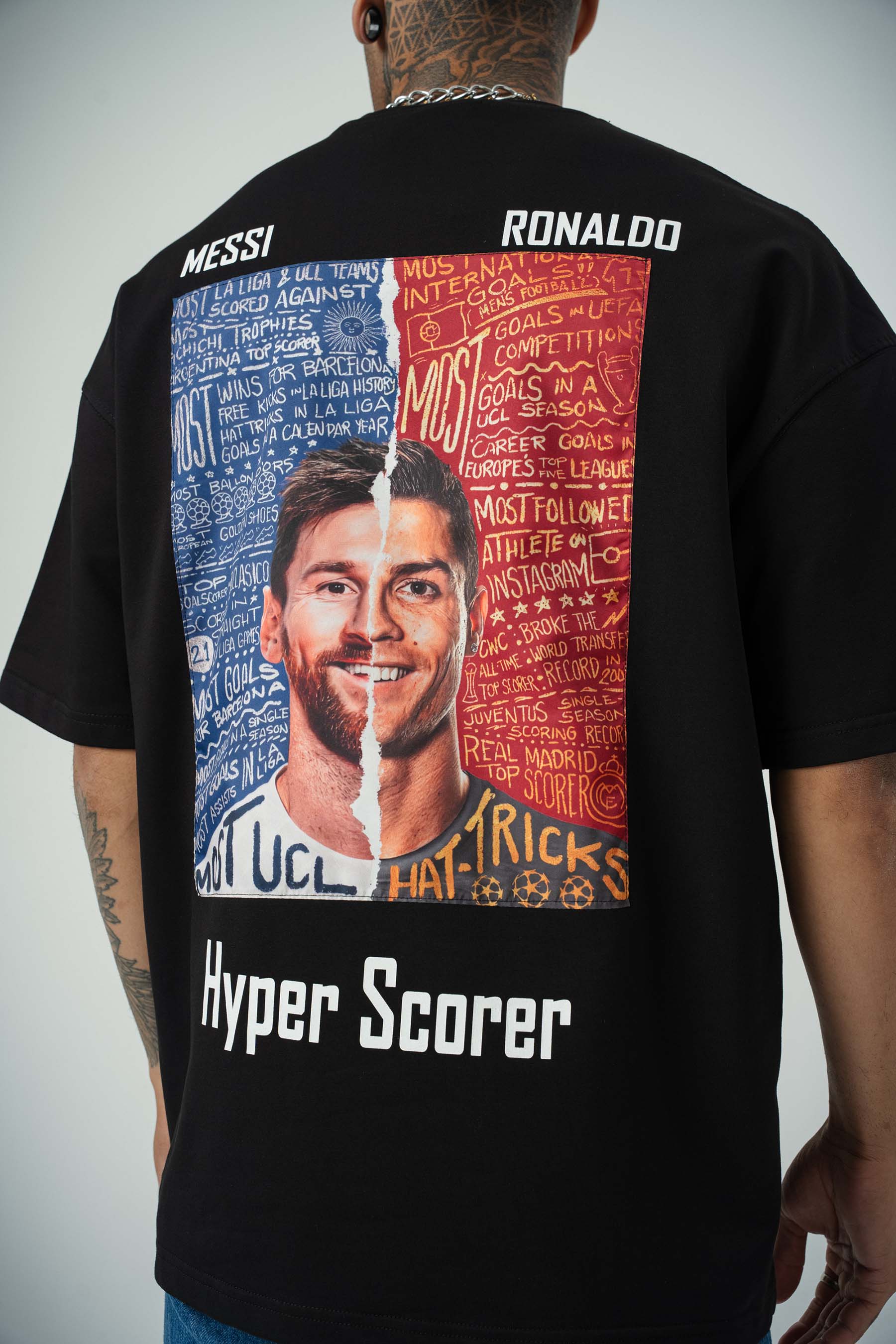 Messi Ronaldo Baskılı Siyah Oversize T-Shirt