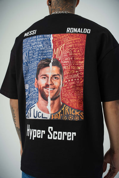 Messi Ronaldo Baskılı Siyah Oversize T-Shirt