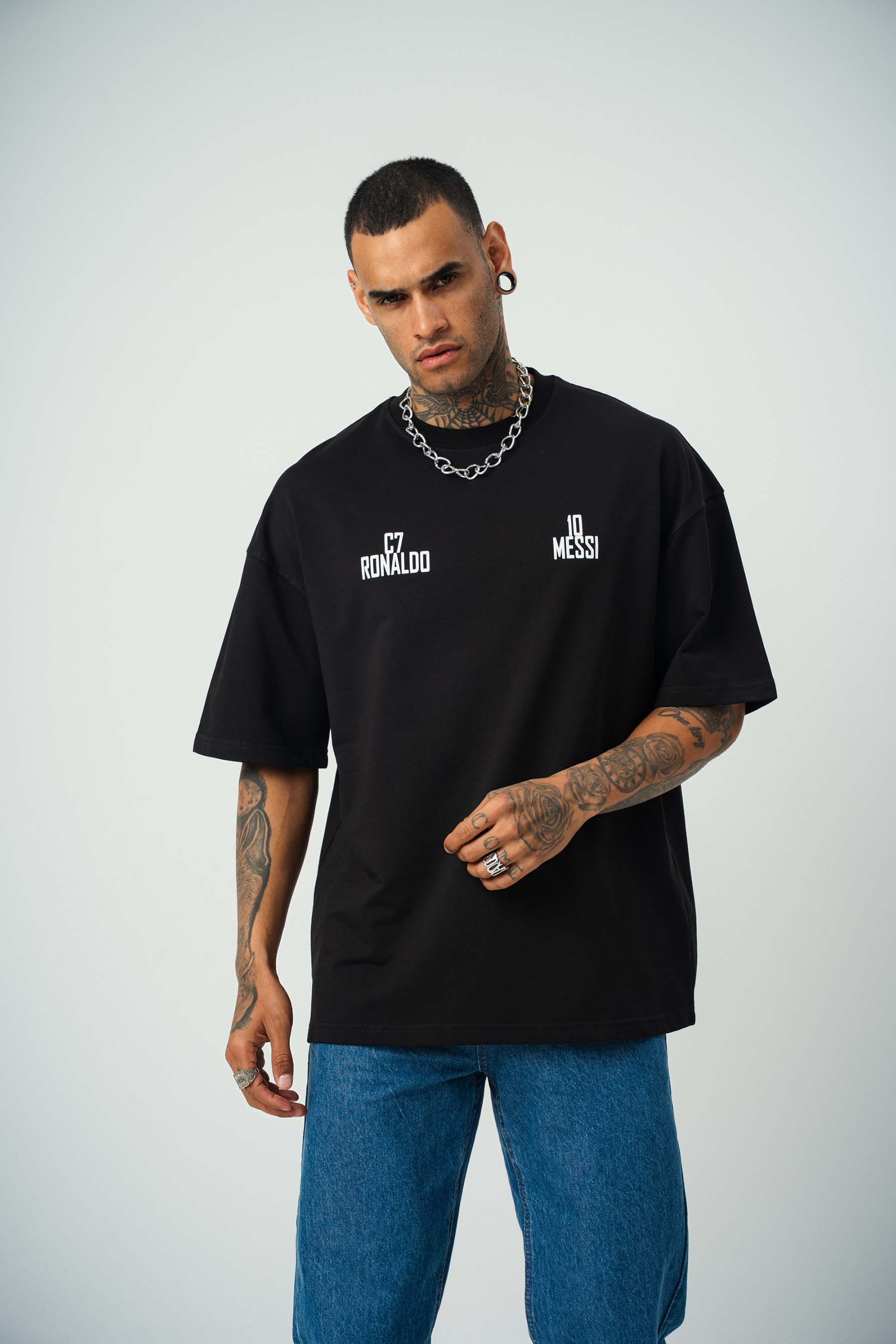 Messi Ronaldo Baskılı Siyah Oversize T-Shirt