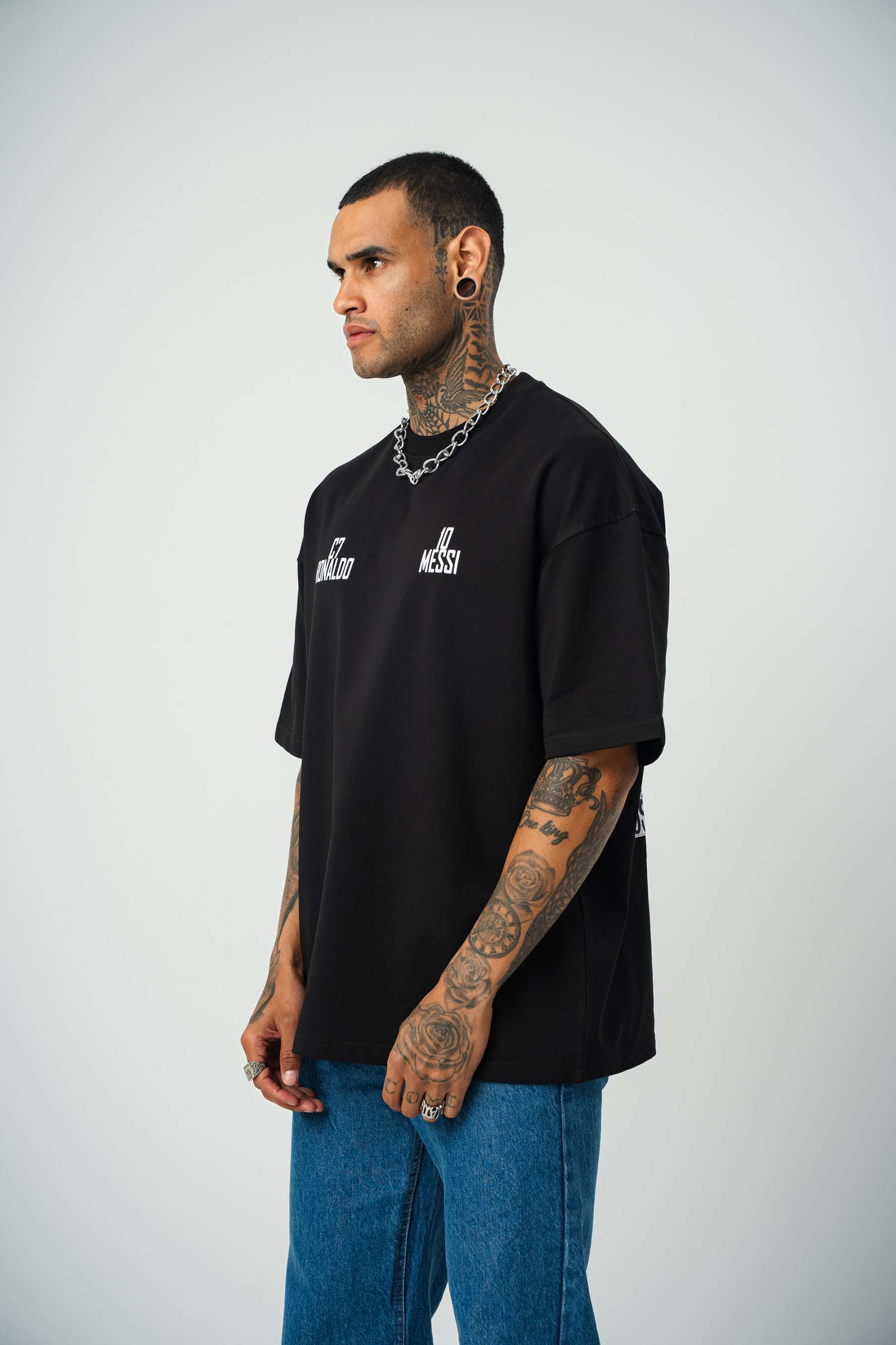 Messi Ronaldo Baskılı Siyah Oversize T-Shirt