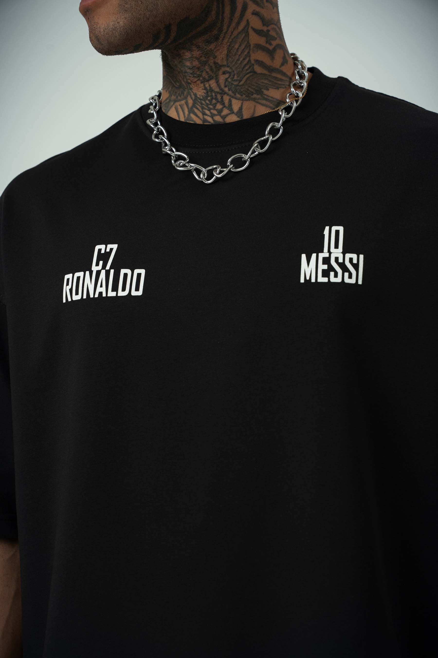 Messi Ronaldo Baskılı Siyah Oversize T-Shirt