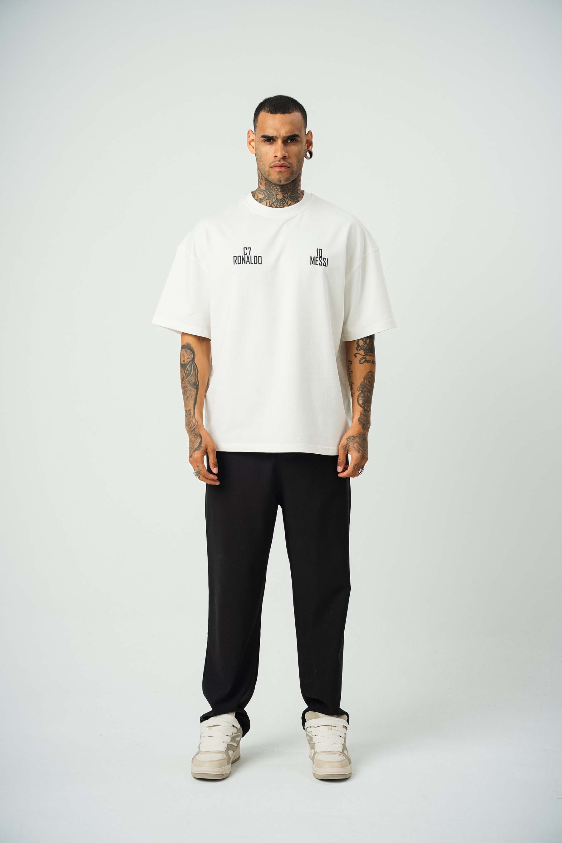 Messi Ronaldo Baskılı Beyaz Oversize T-Shirt