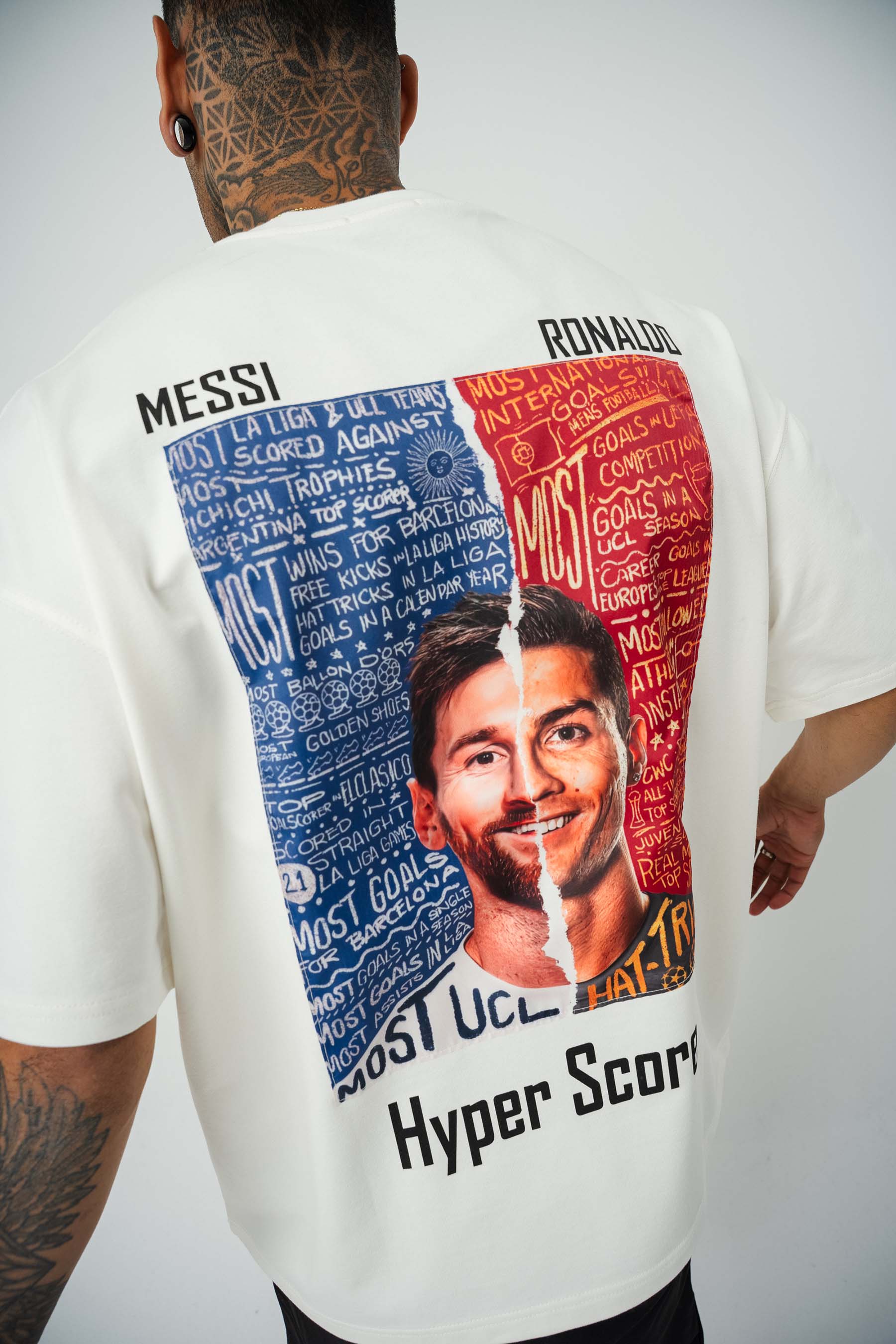 Messi Ronaldo Baskılı Beyaz Oversize T-Shirt