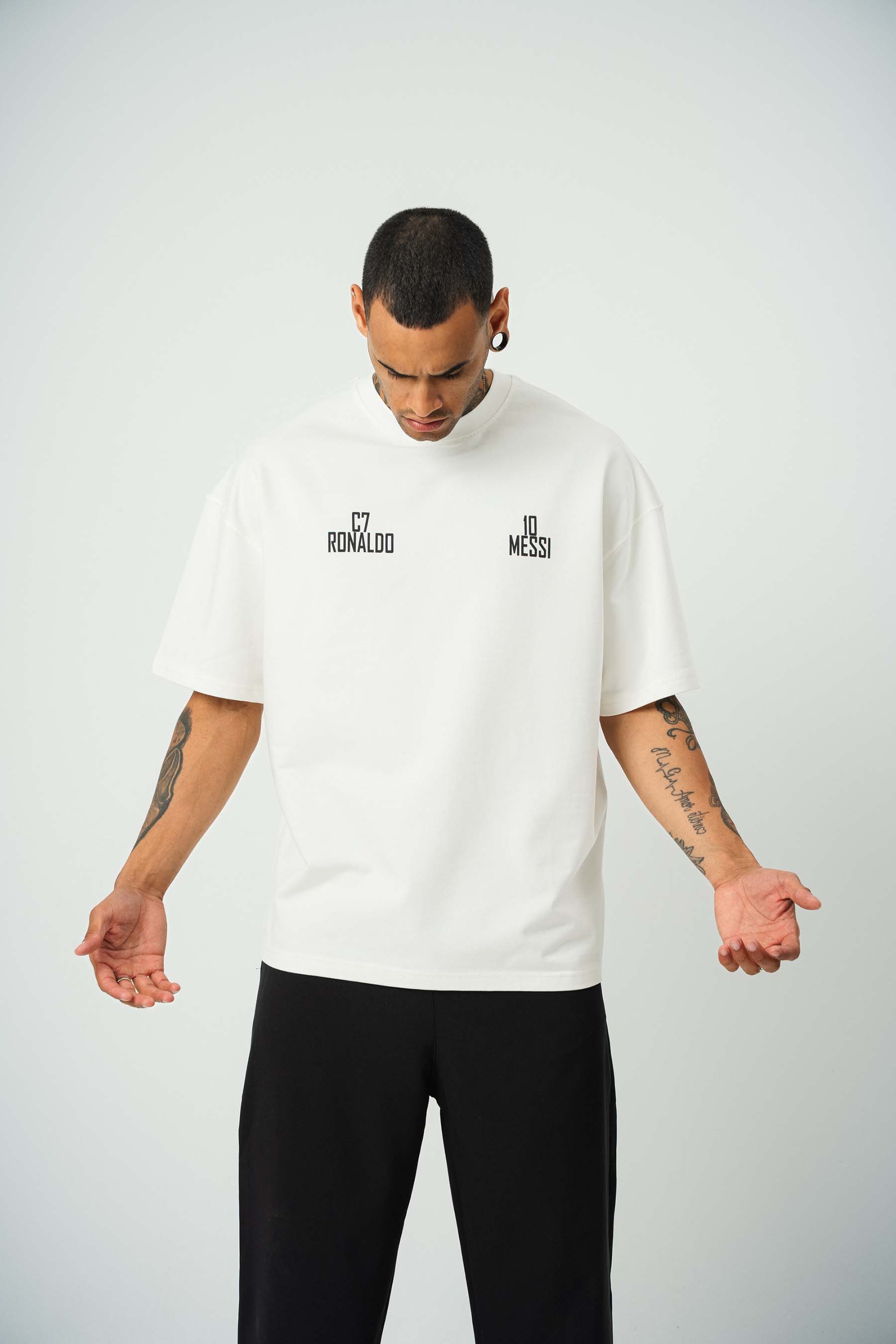 Messi Ronaldo Baskılı Beyaz Oversize T-Shirt