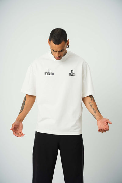 Messi Ronaldo Baskılı Beyaz Oversize T-Shirt
