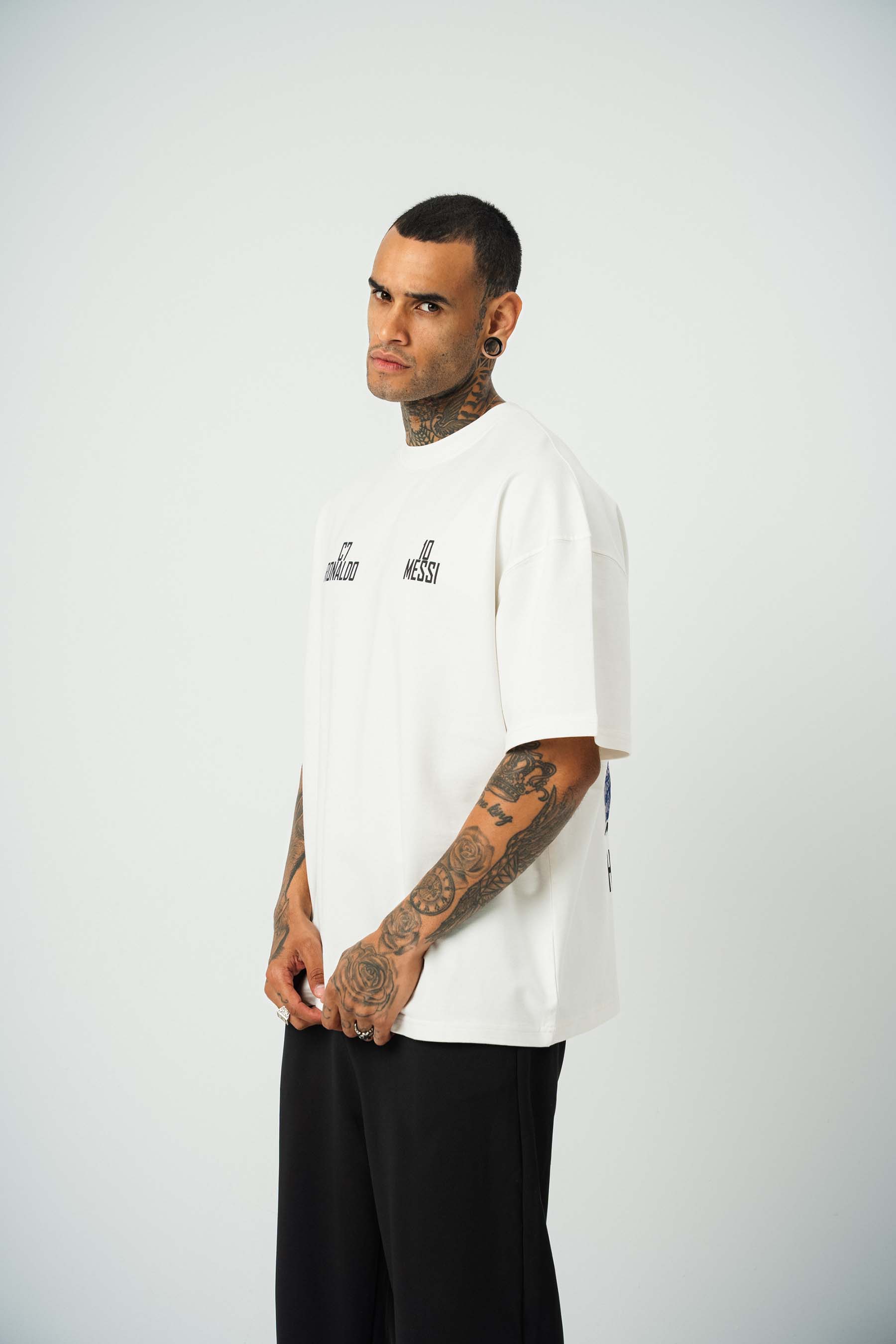 Messi Ronaldo Baskılı Beyaz Oversize T-Shirt