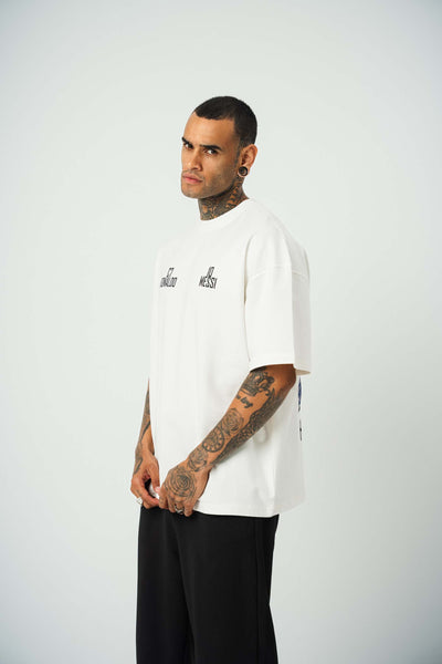 Messi Ronaldo Baskılı Beyaz Oversize T-Shirt