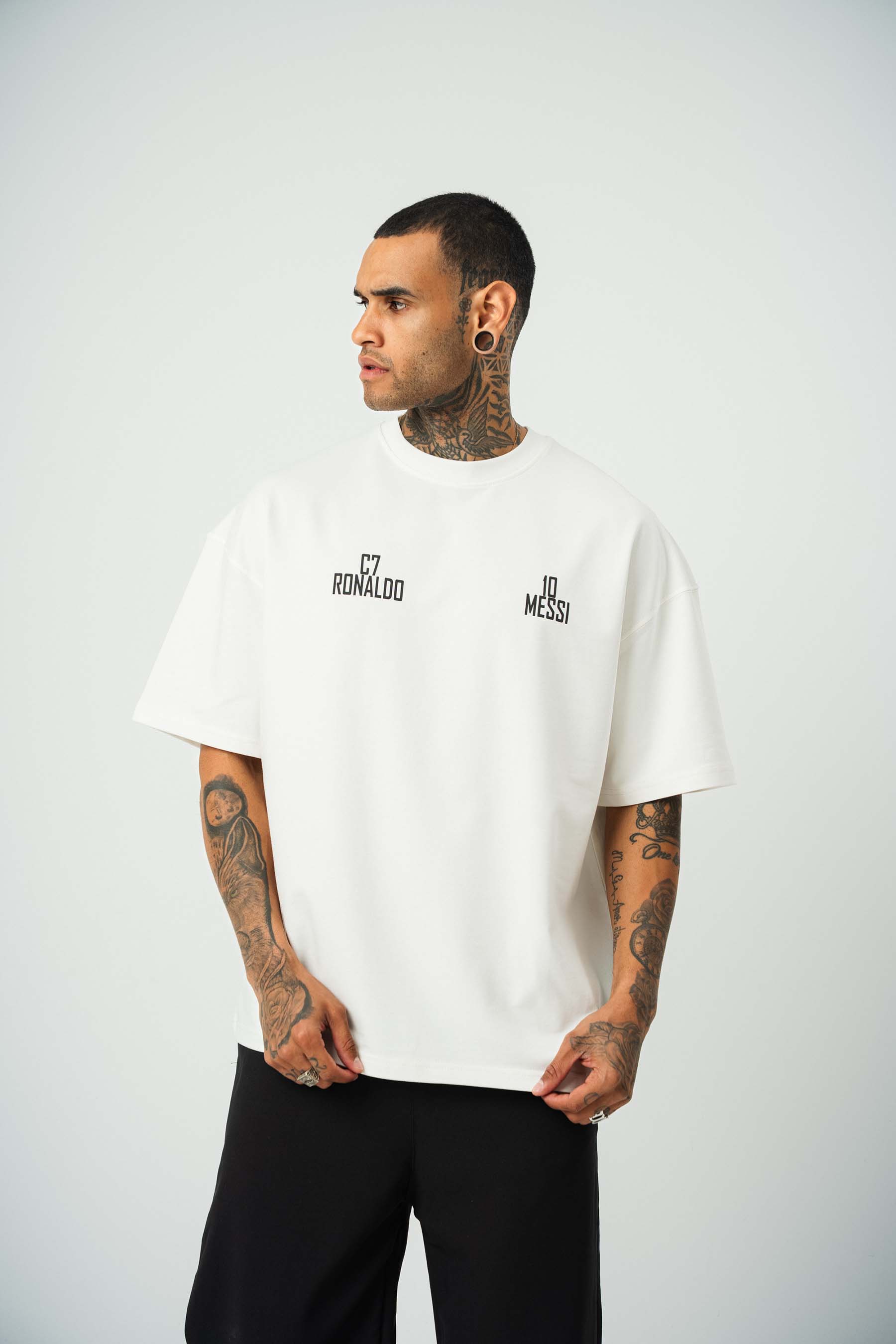 Messi Ronaldo Baskılı Beyaz Oversize T-Shirt