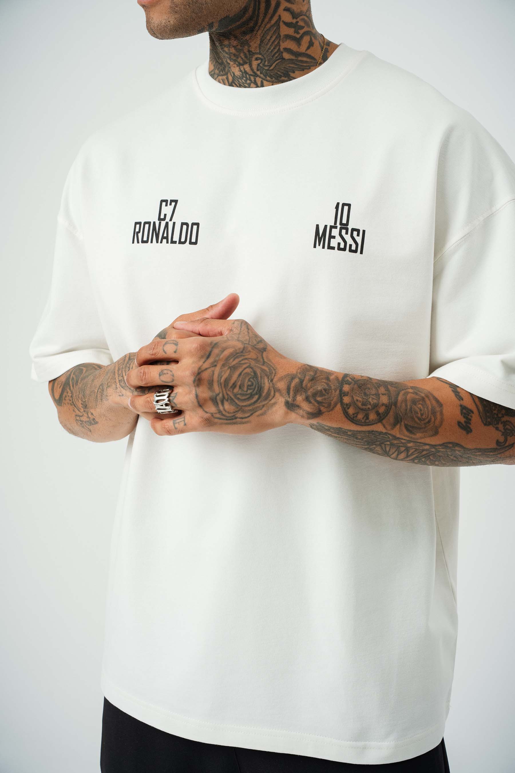 Messi Ronaldo Baskılı Beyaz Oversize T-Shirt