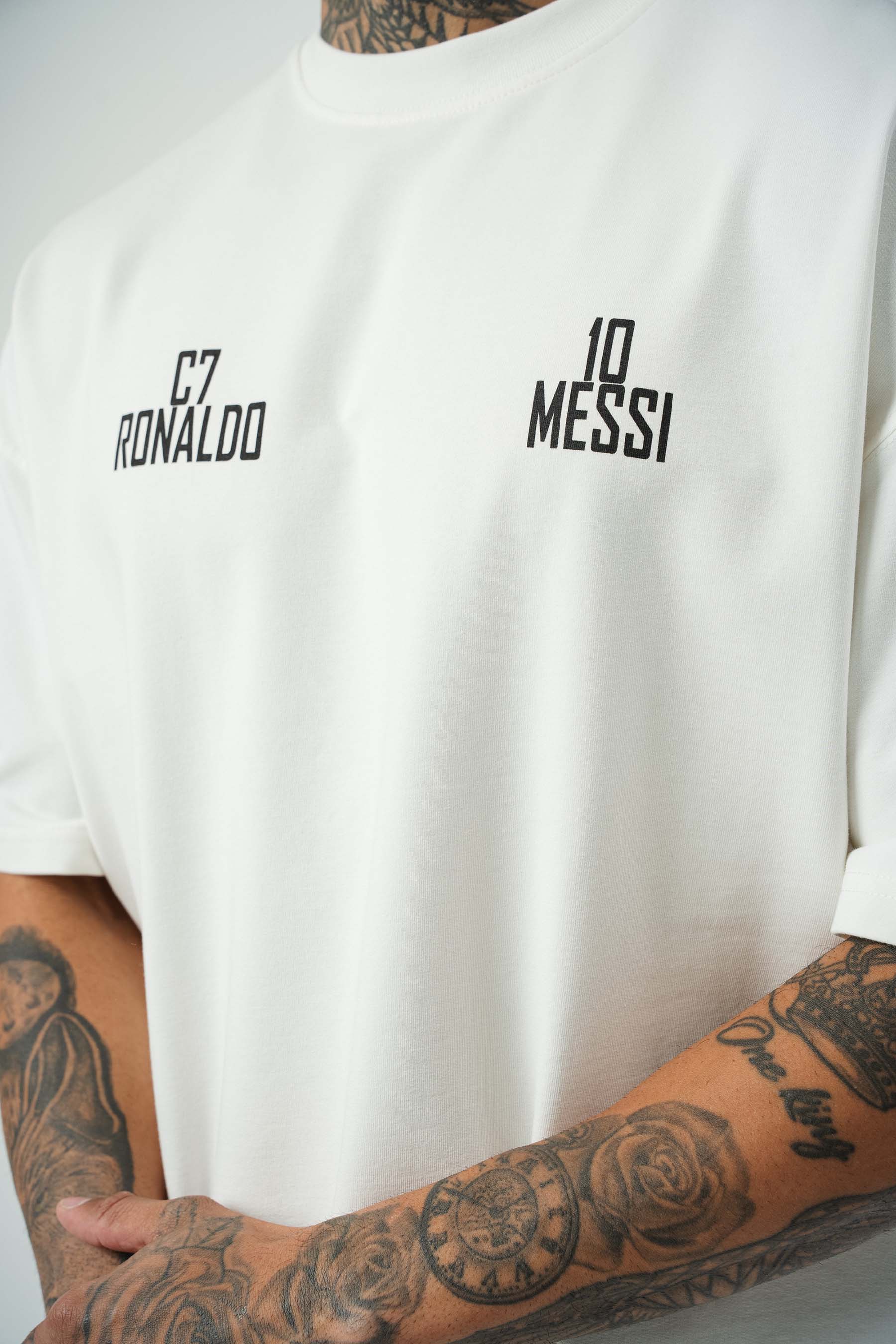 Messi Ronaldo Baskılı Beyaz Oversize T-Shirt