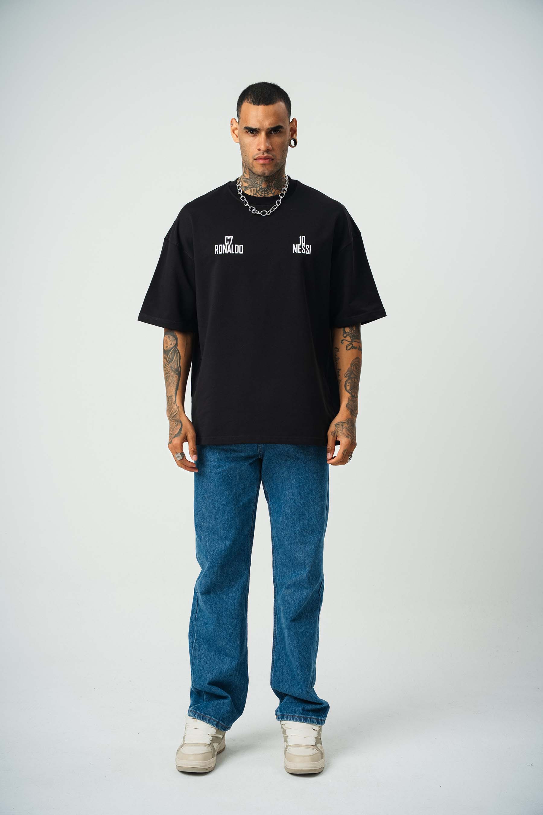 Messi Ronaldo Baskılı Siyah Oversize T-Shirt