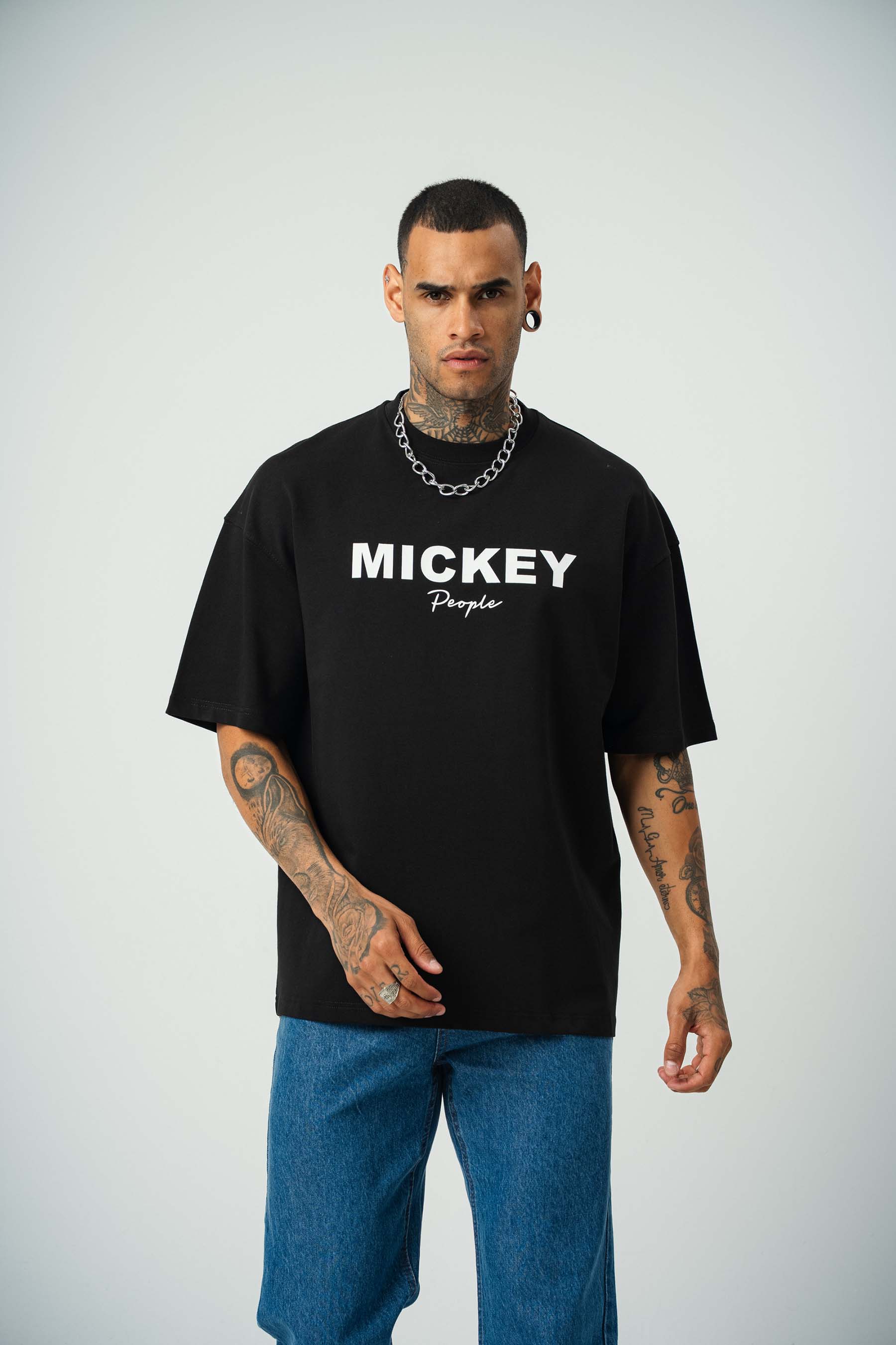 Mickey People Baskılı Siyah Oversize T-Shirt