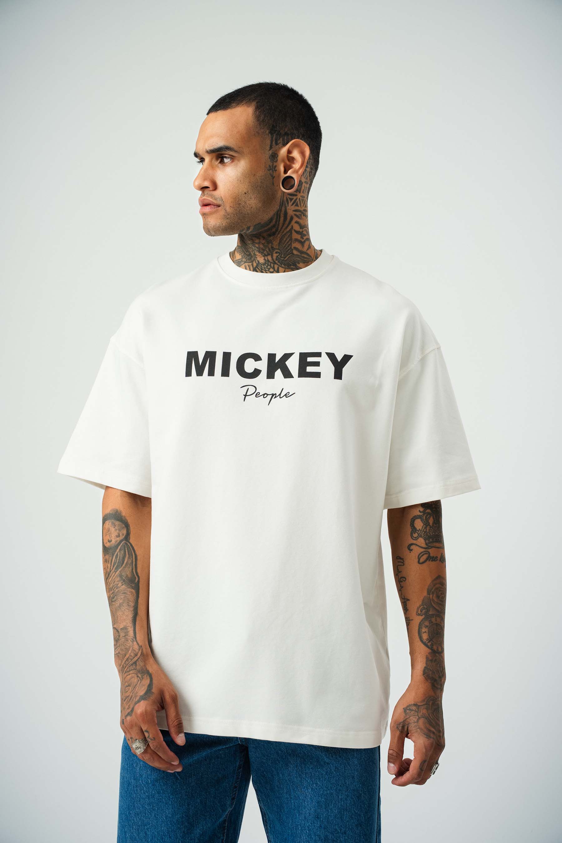 Mickey People Baskılı Beyaz Oversize T-Shirt