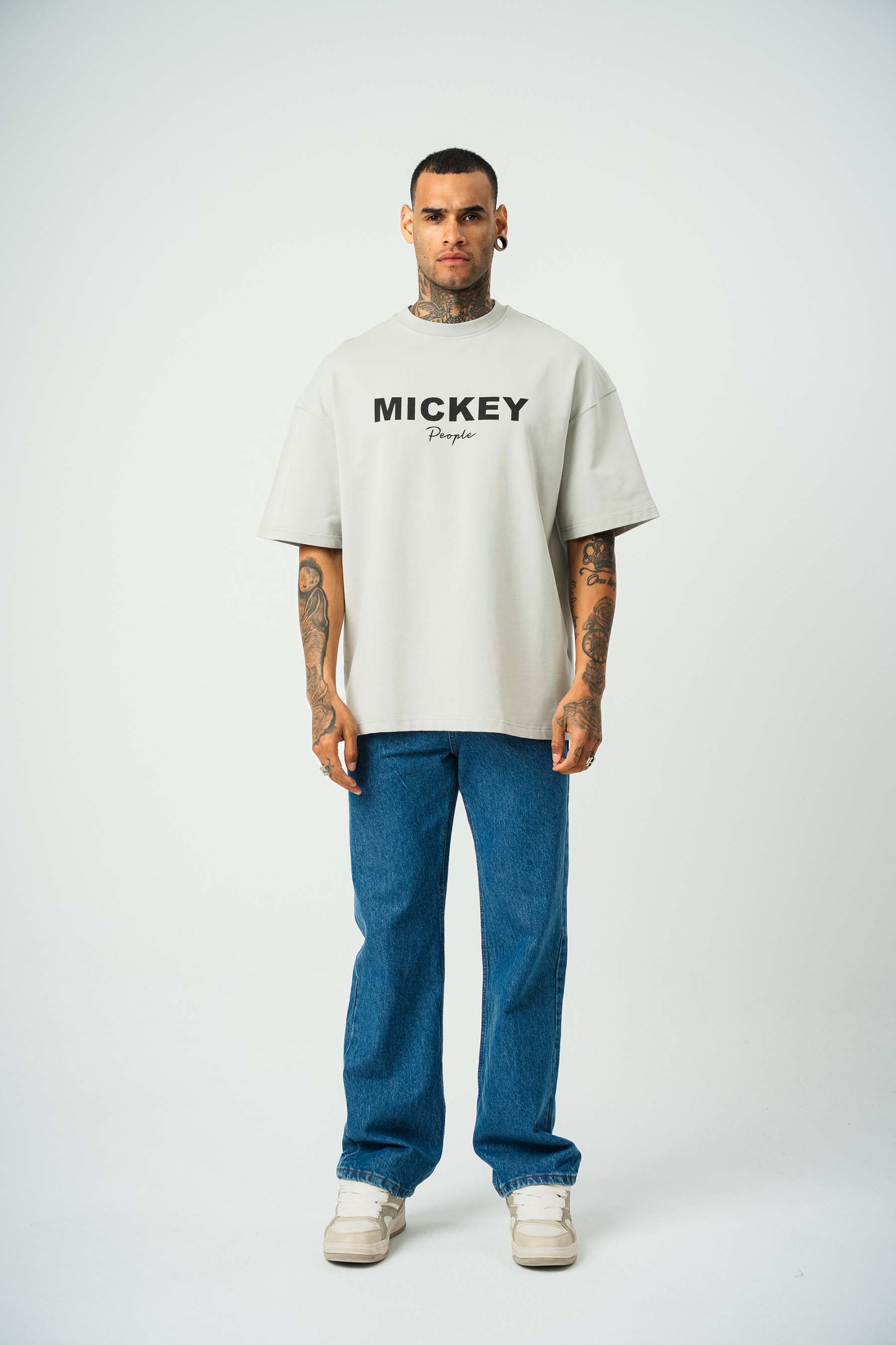 Mickey People Baskılı Gri Oversize T-Shirt