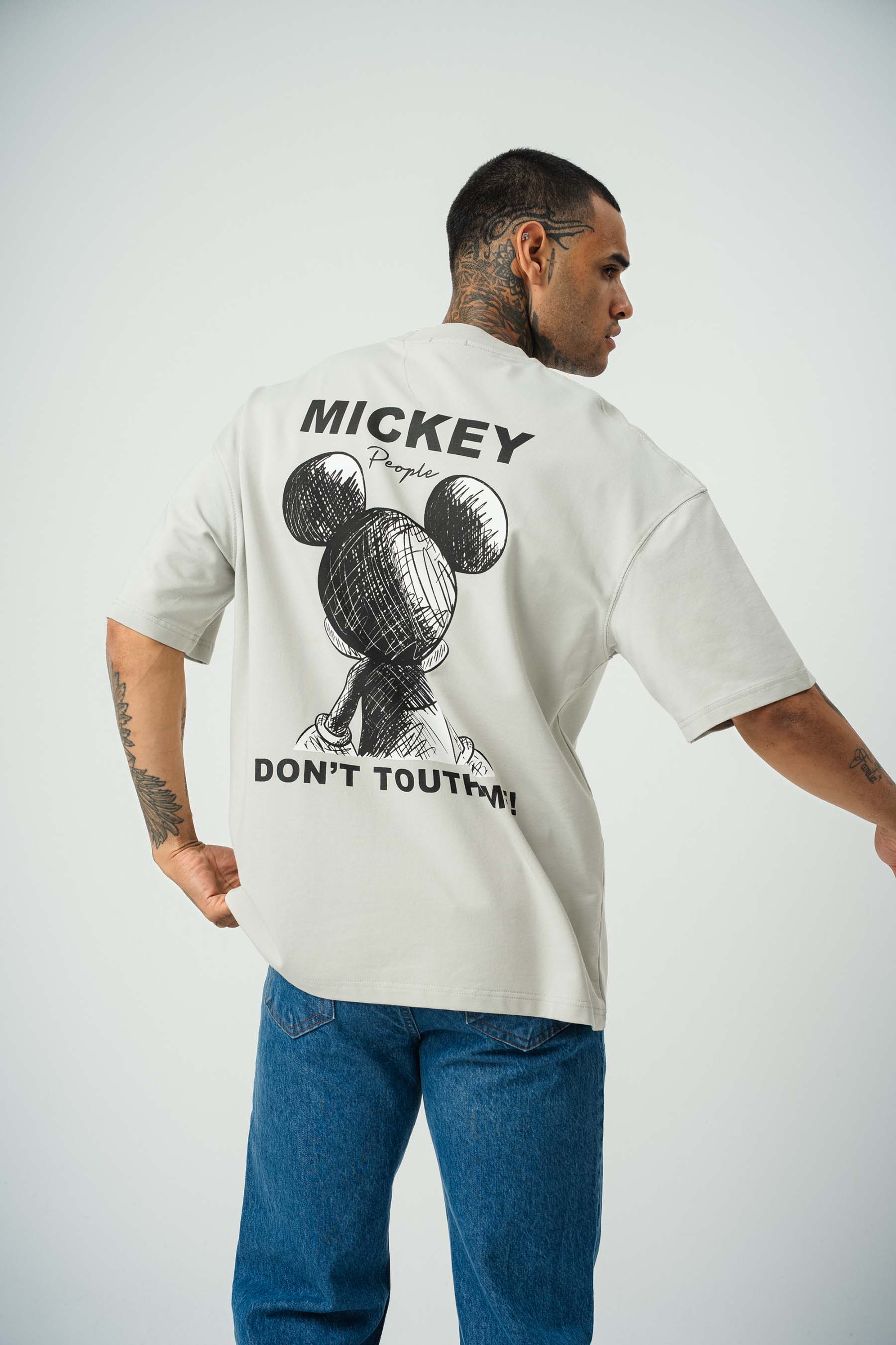 Mickey People Baskılı Gri Oversize T-Shirt