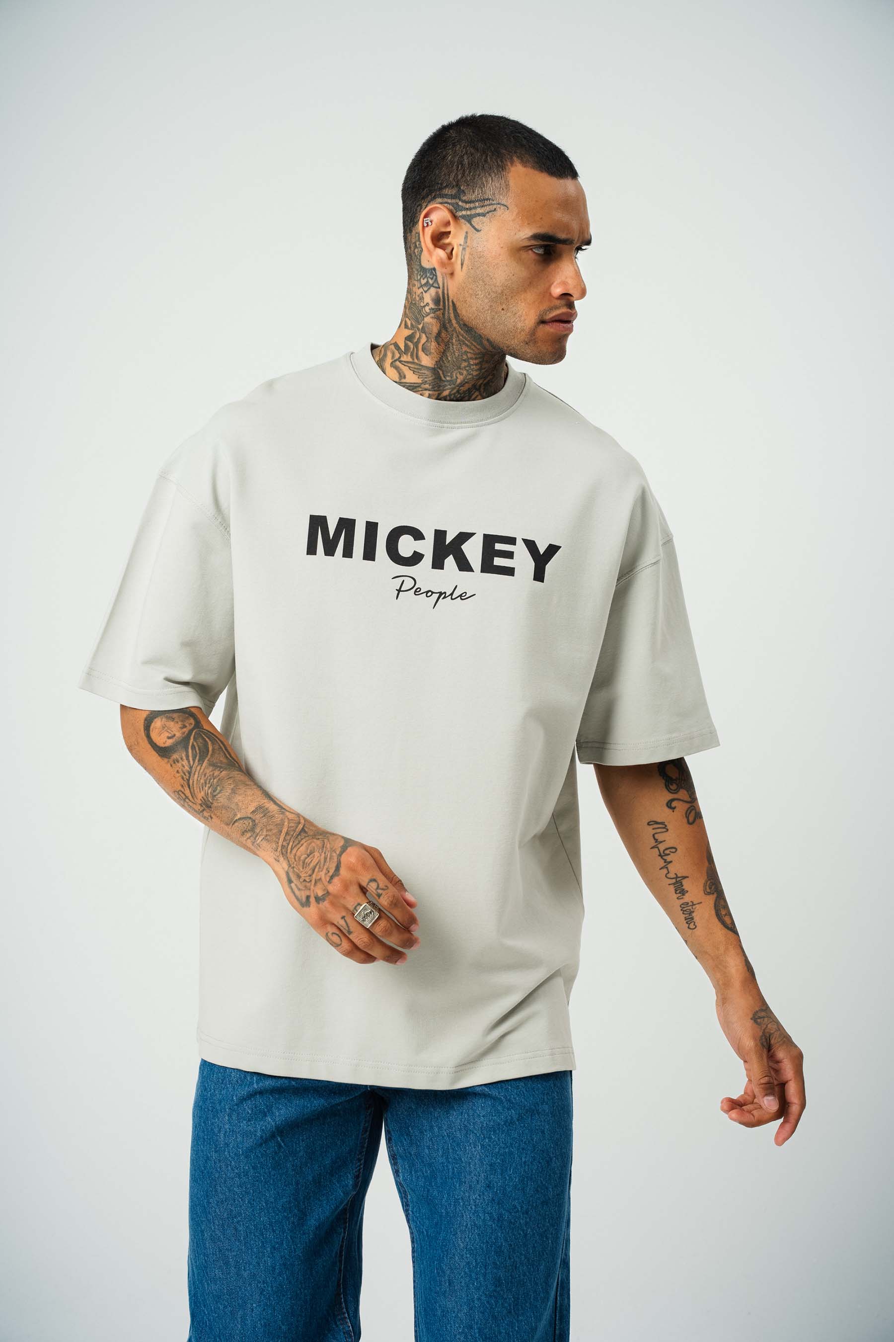 Mickey People Baskılı Gri Oversize T-Shirt