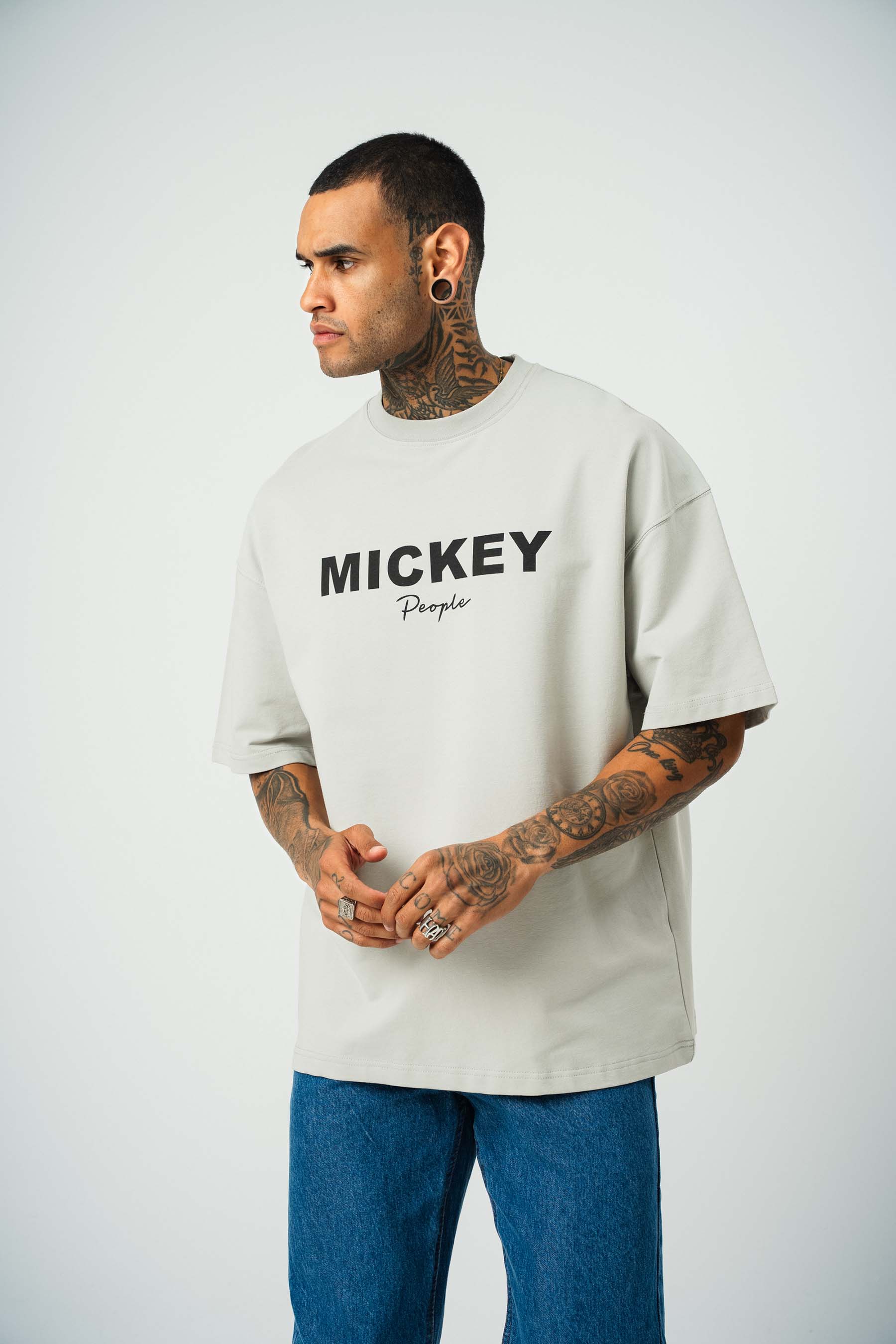 Mickey People Baskılı Gri Oversize T-Shirt