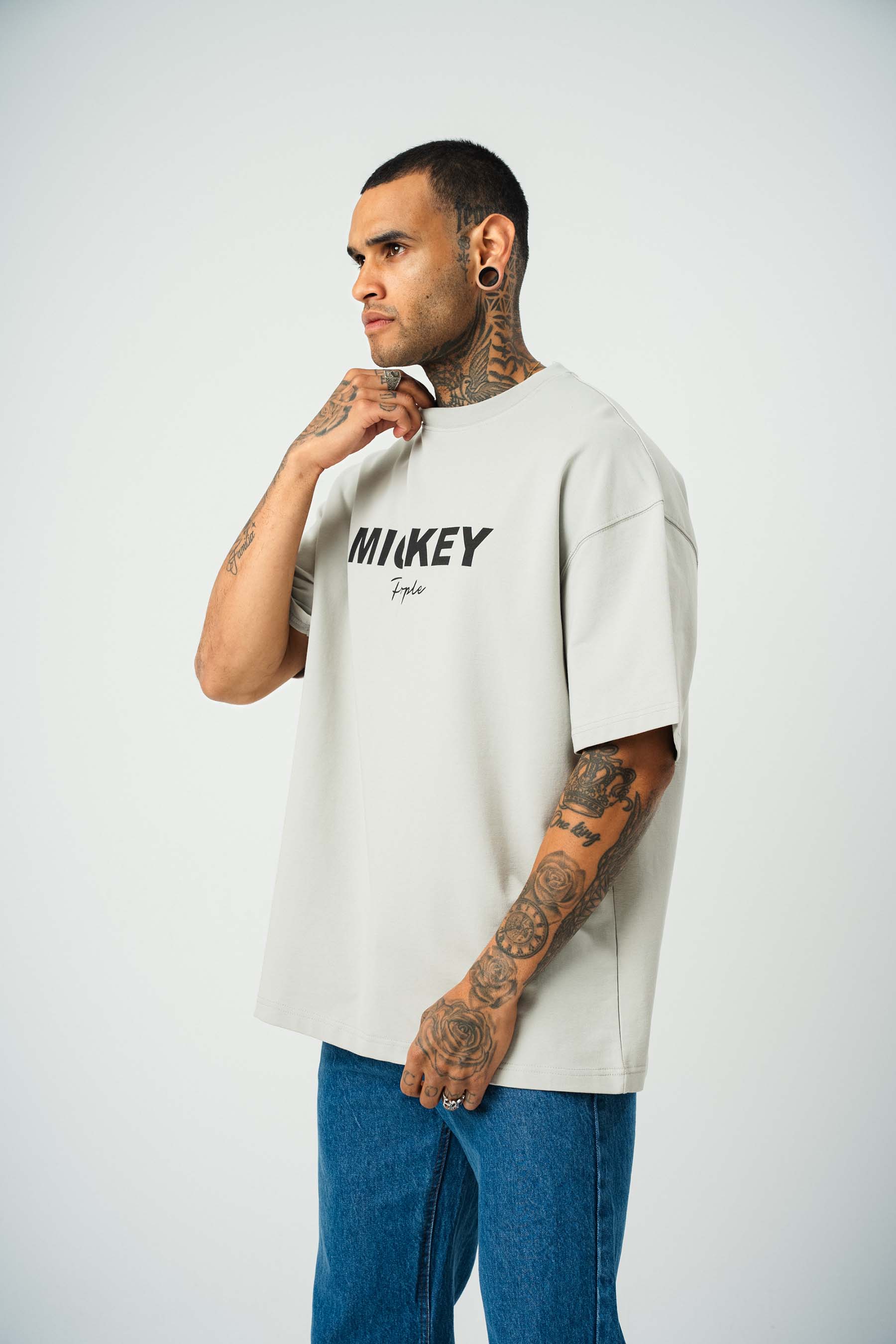 Mickey People Baskılı Gri Oversize T-Shirt