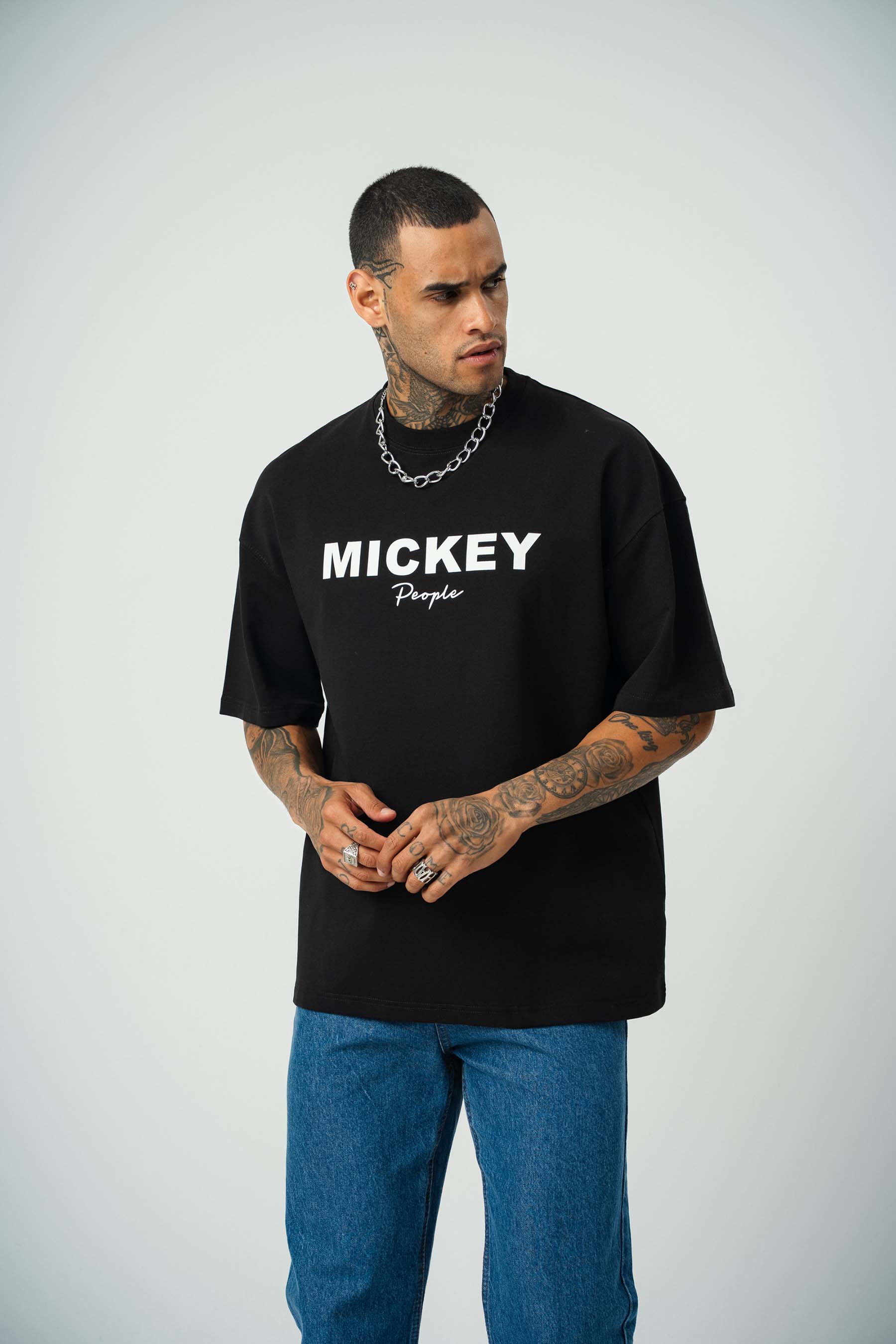Mickey People Baskılı Siyah Oversize T-Shirt