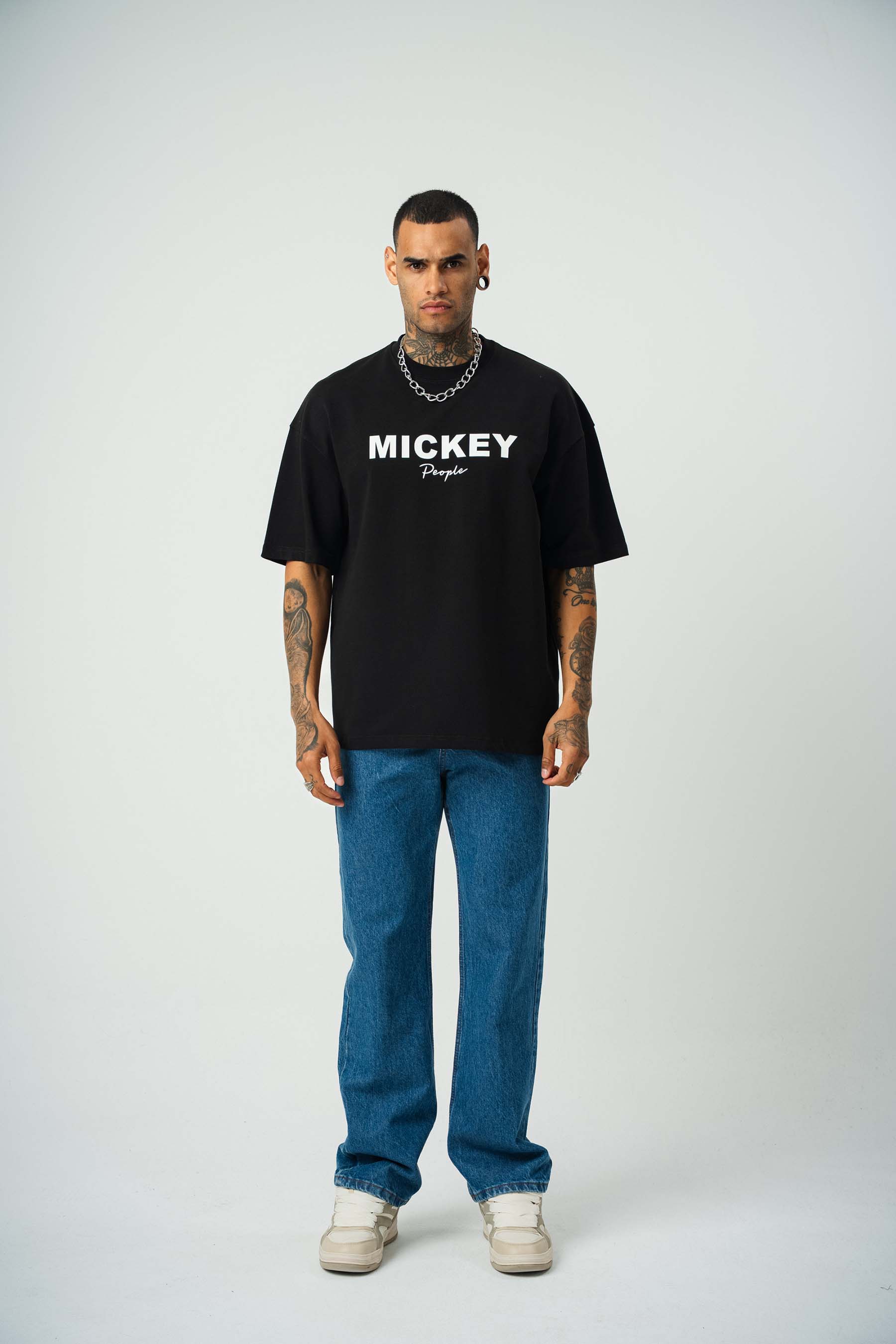 Mickey People Baskılı Siyah Oversize T-Shirt