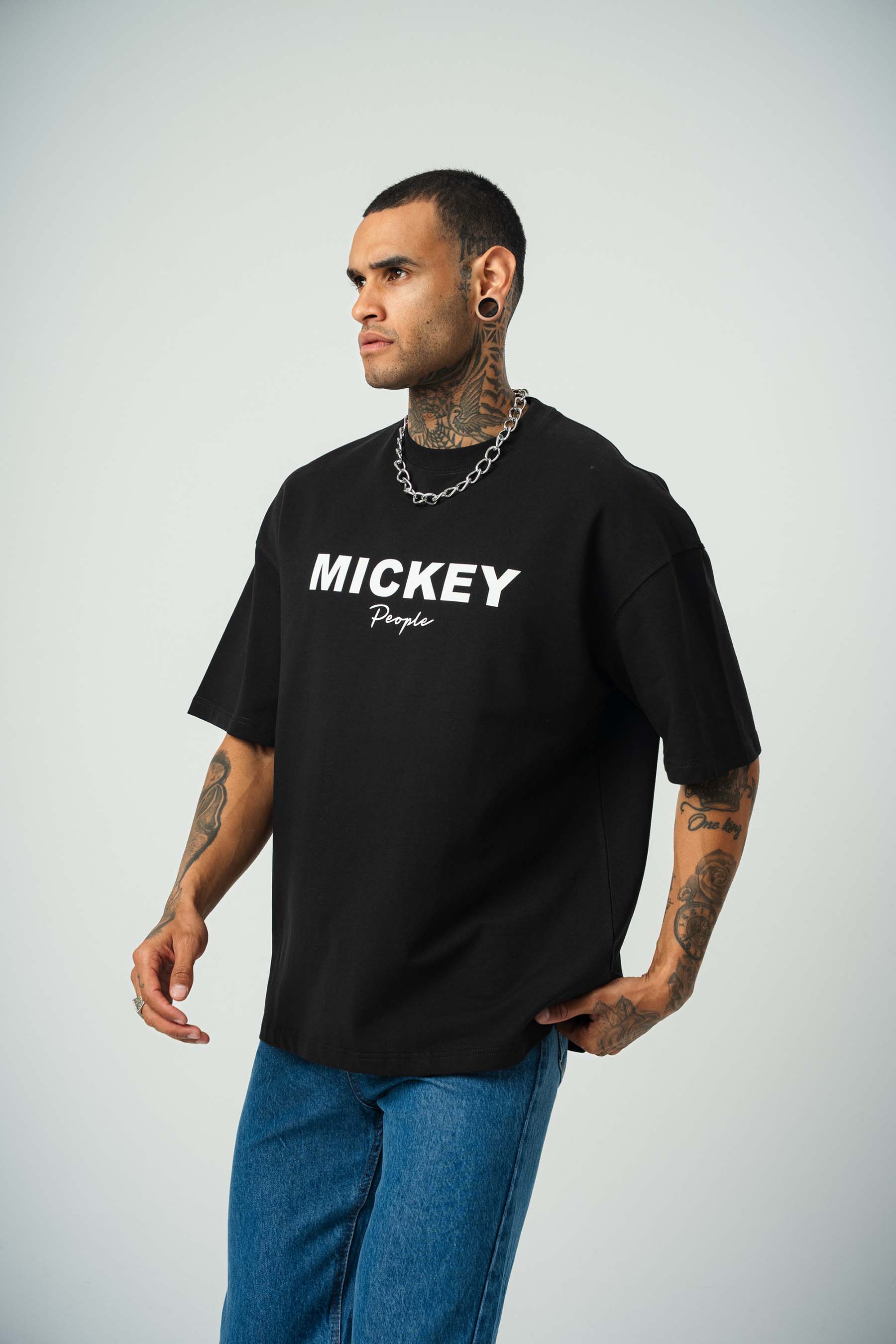 Mickey People Baskılı Siyah Oversize T-Shirt