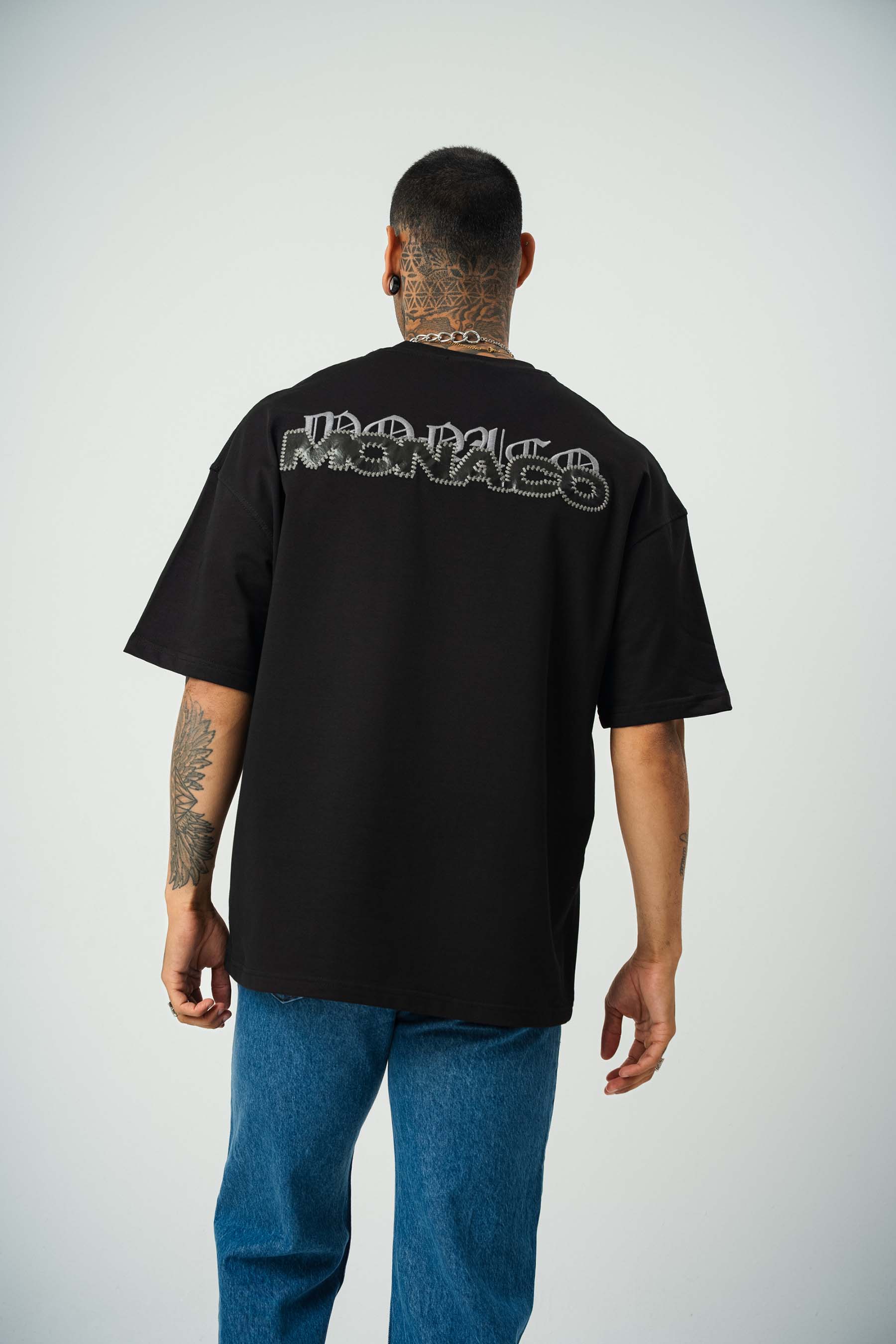 Monaco Baskılı Siyah Oversize T-Shirt