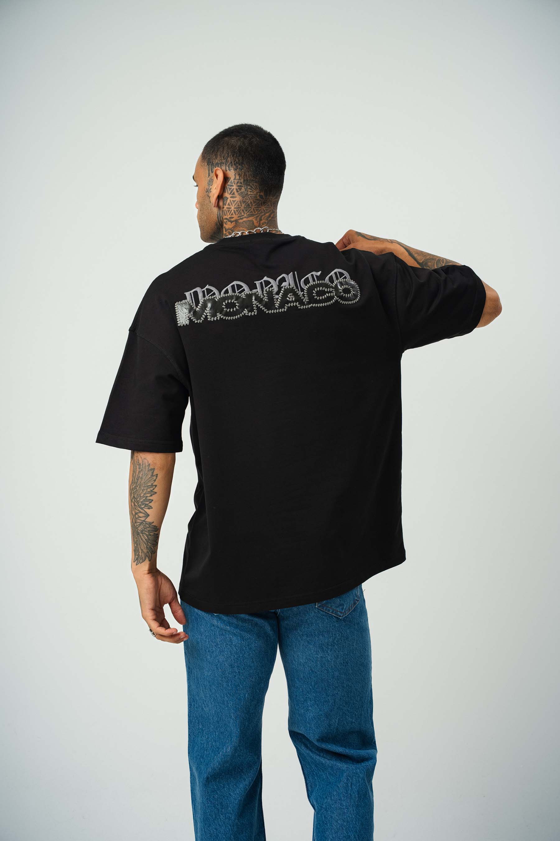 Monaco Baskılı Siyah Oversize T-Shirt