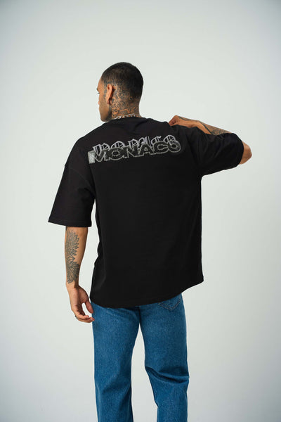 Monaco Baskılı Siyah Oversize T-Shirt