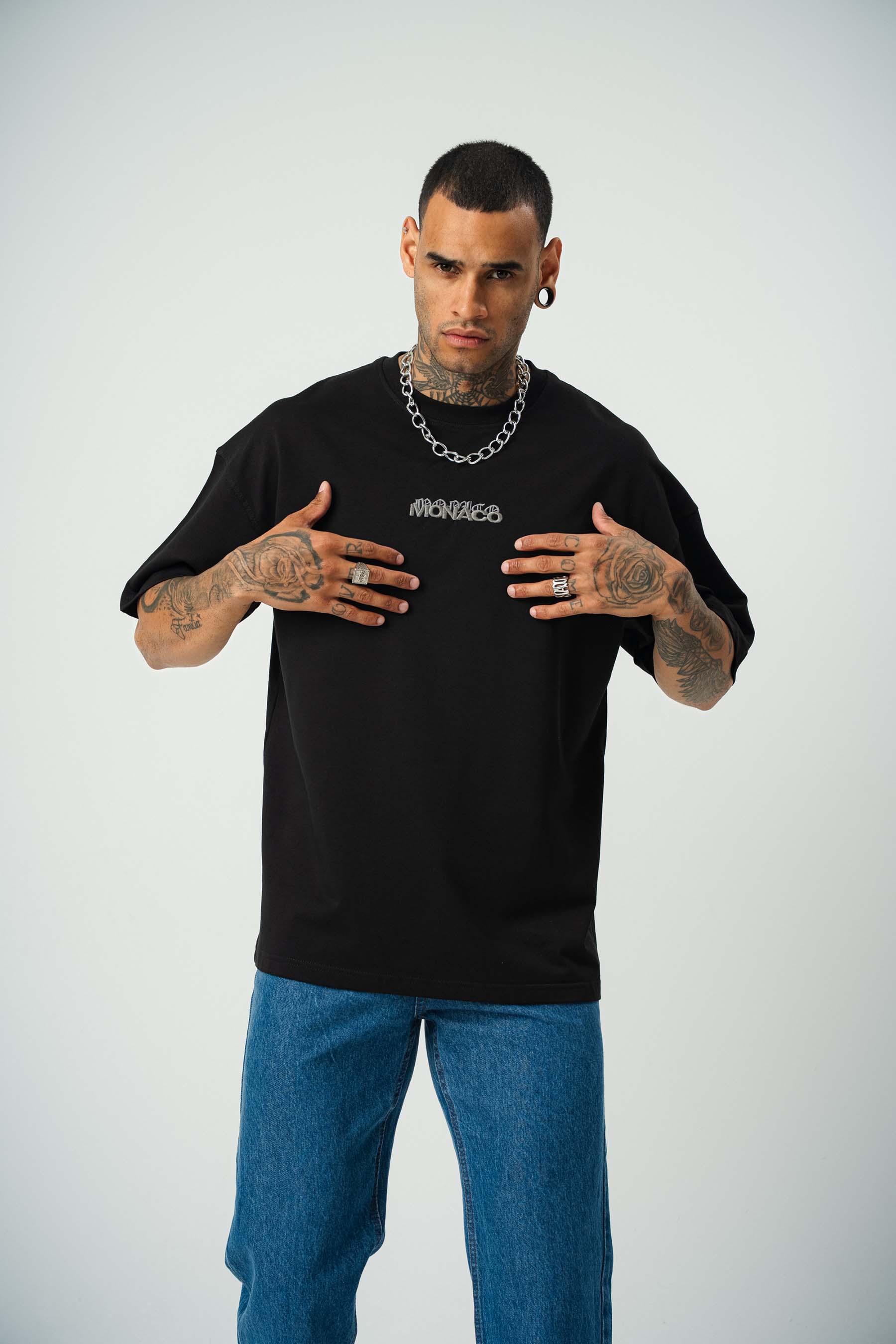 Monaco Baskılı Siyah Oversize T-Shirt