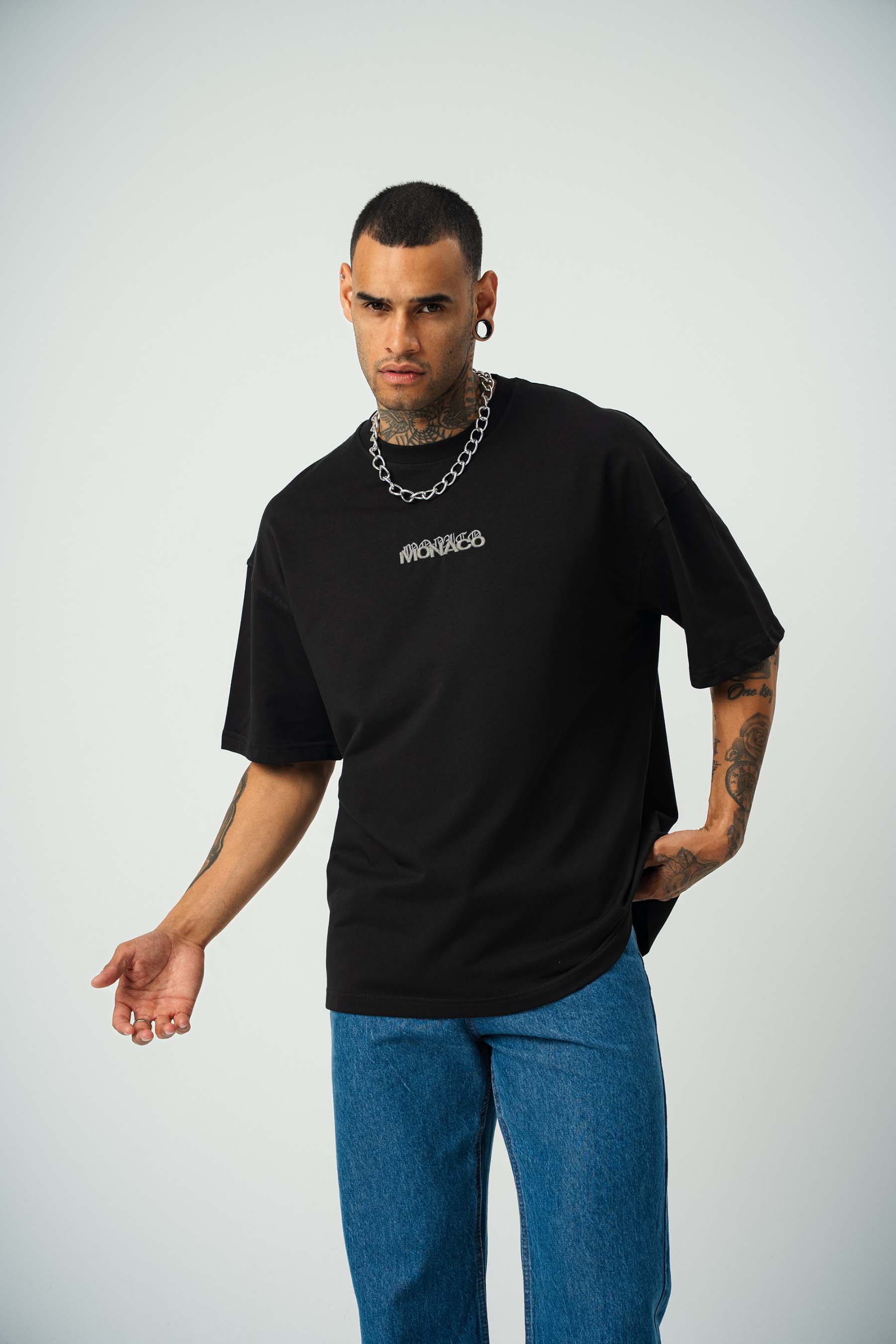 Monaco Baskılı Siyah Oversize T-Shirt