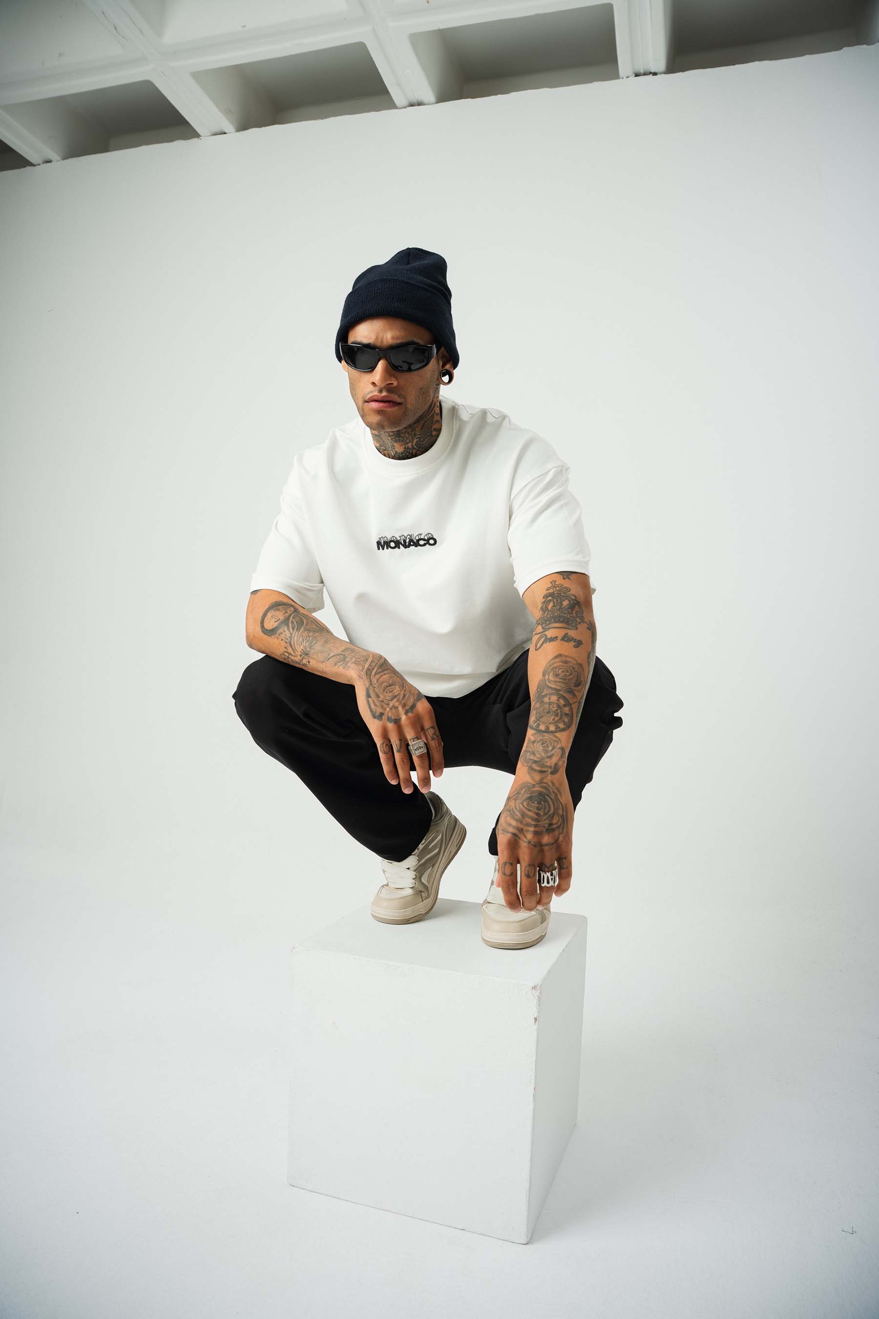 Monaco Baskılı Beyaz Oversize T-Shirt