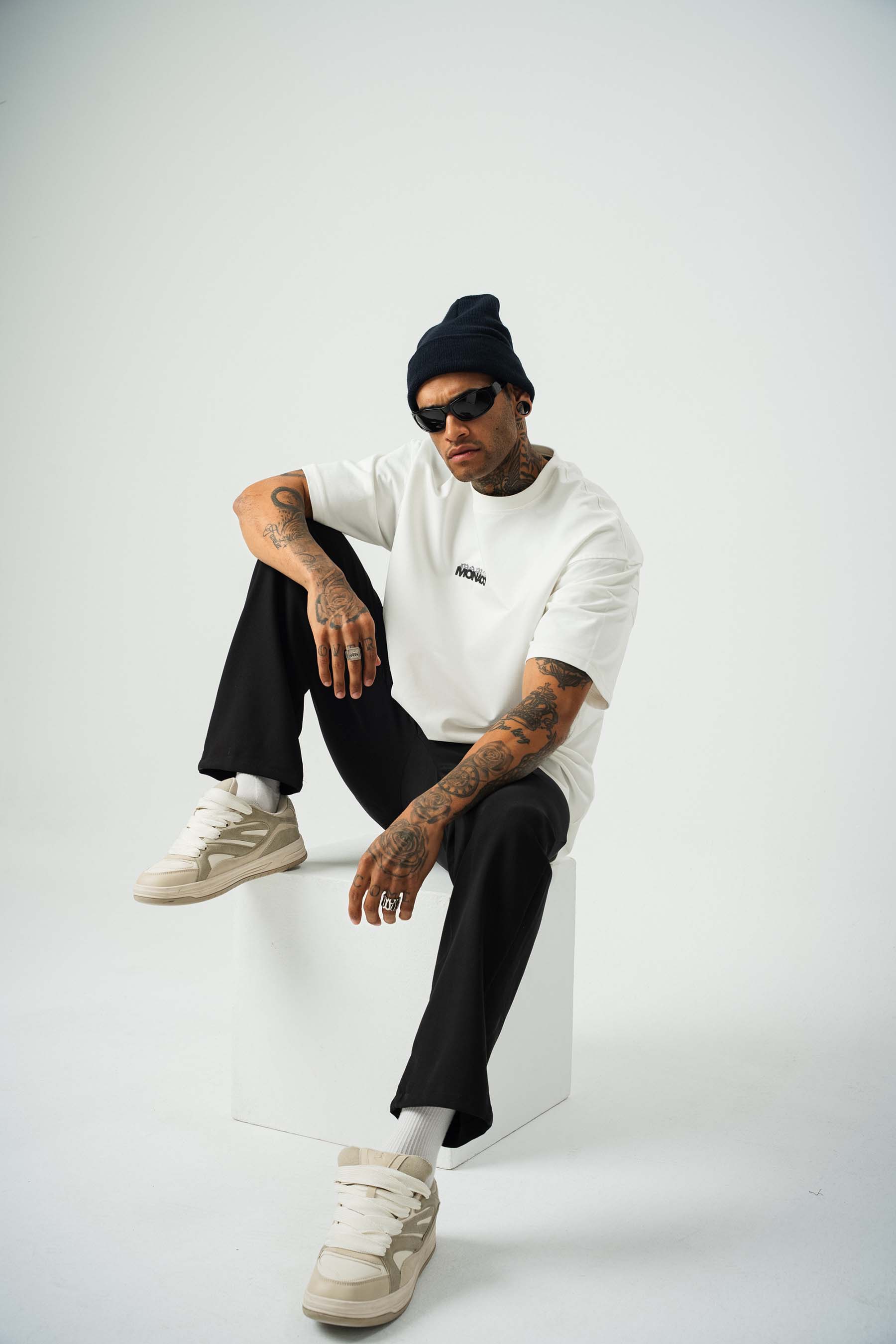 Monaco Baskılı Beyaz Oversize T-Shirt