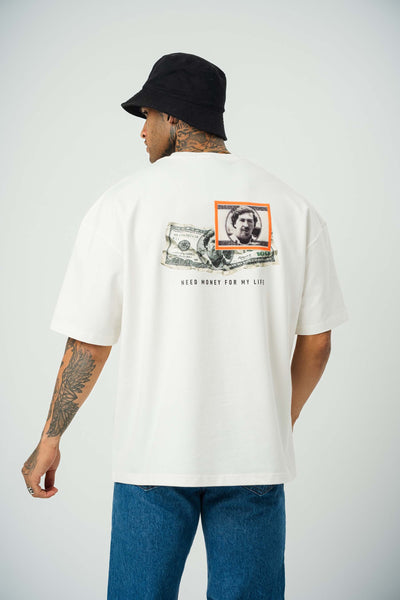 Need Money Pablo Escobar For Life Baskılı Beyaz Oversize T-Shirt