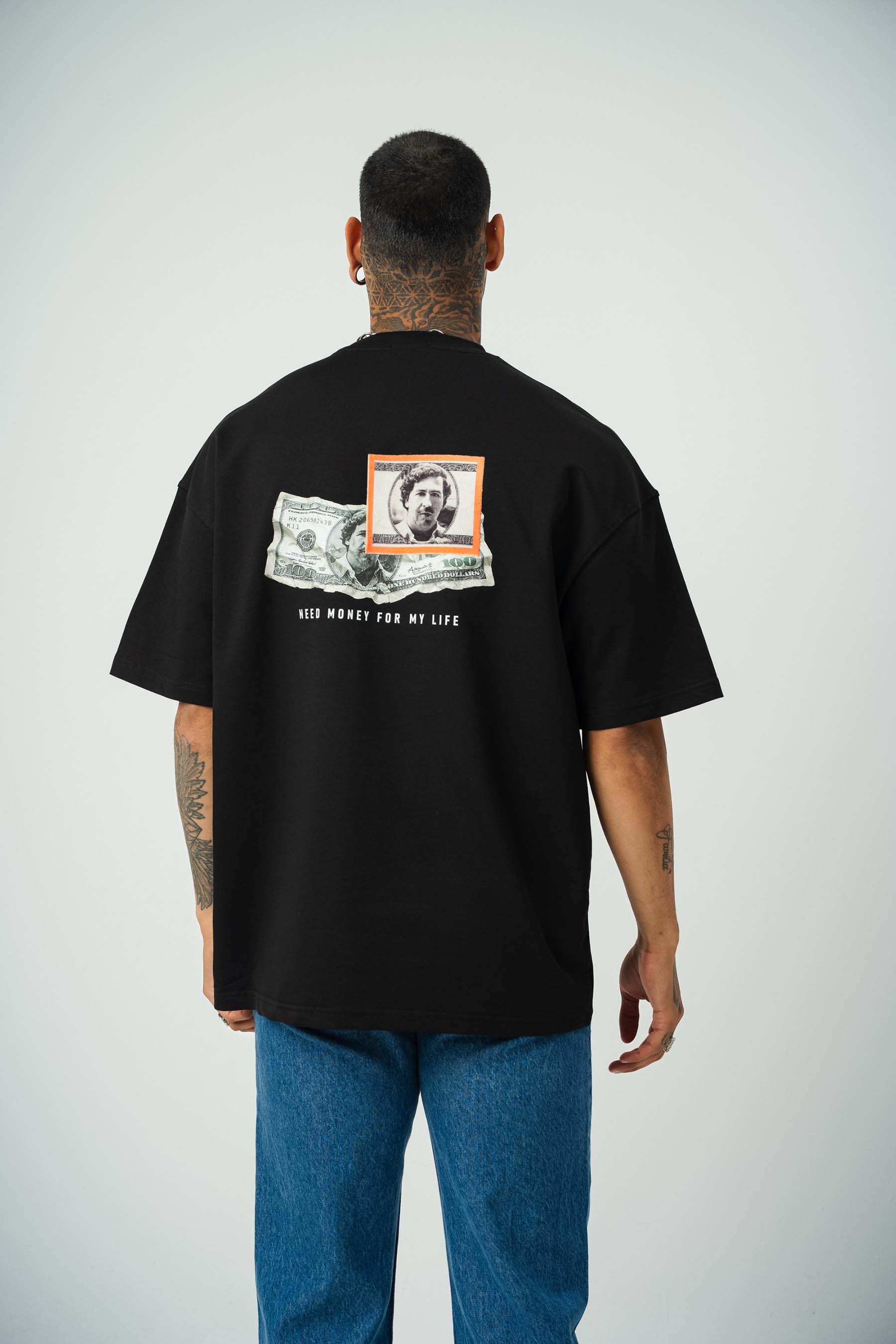 Need Money Pablo Escobar For Life Baskılı Siyah Oversize T-Shirt