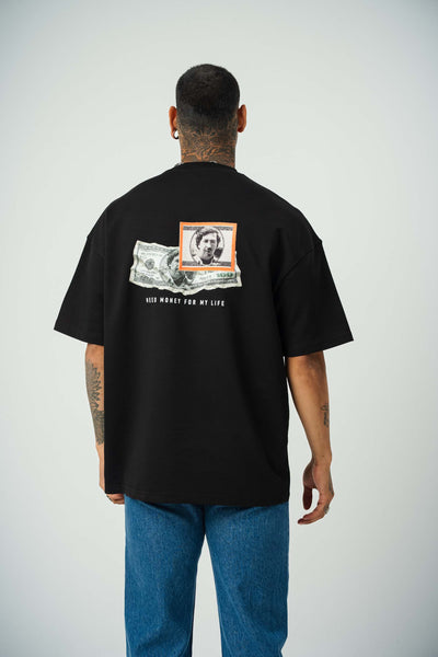 Need Money Pablo Escobar For Life Baskılı Siyah Oversize T-Shirt