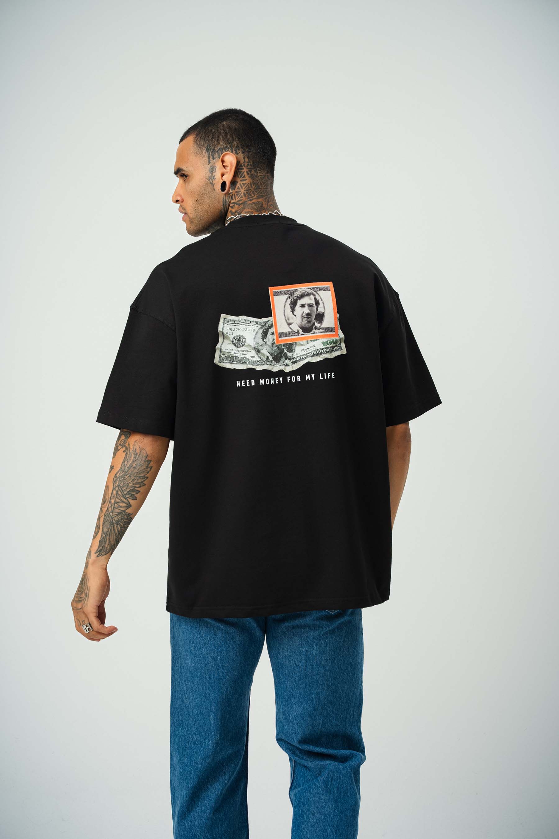 Need Money Pablo Escobar For Life Baskılı Siyah Oversize T-Shirt